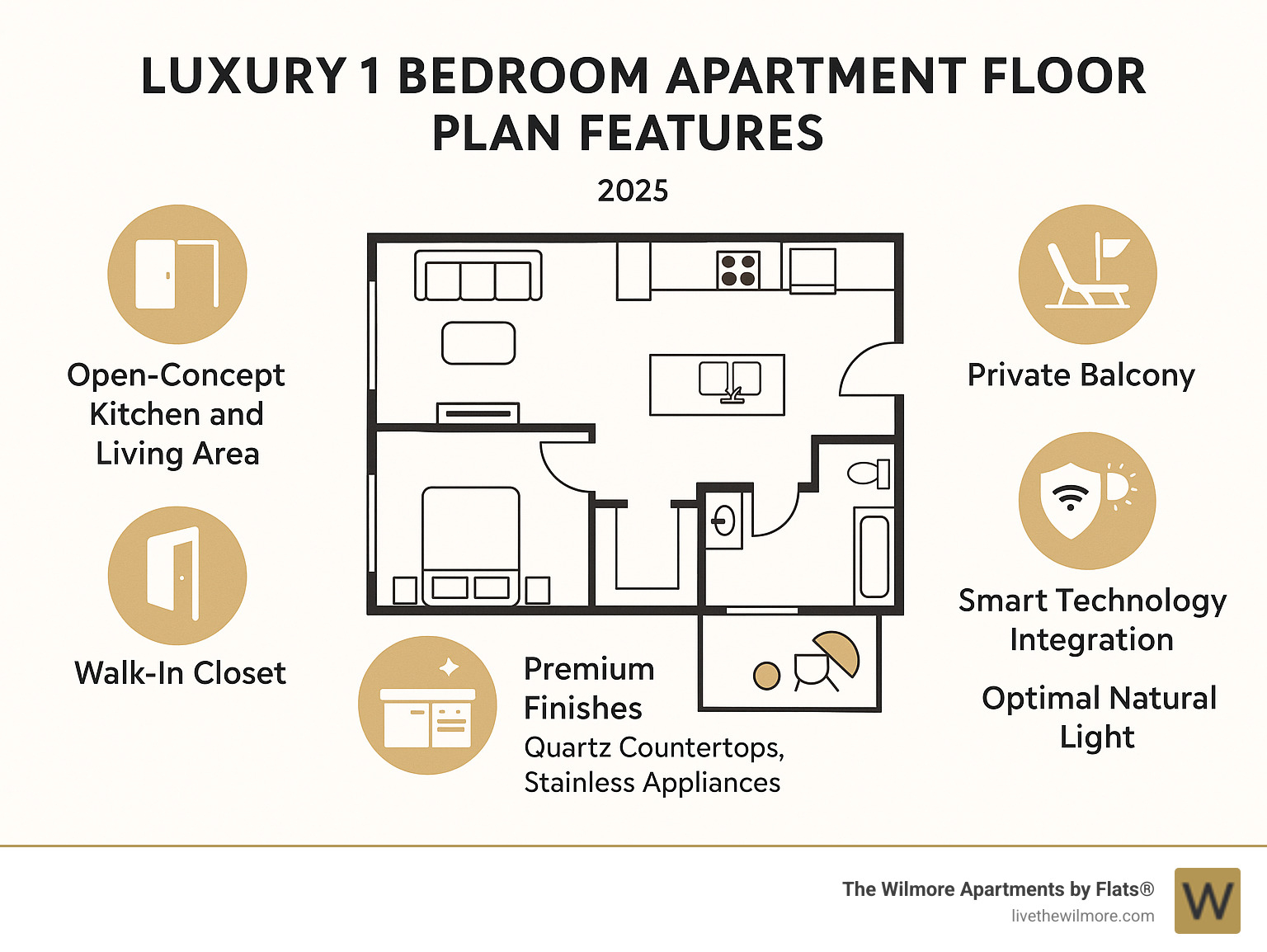 Infographic showing luxury 1 bedroom apartment floor plan features including open-concept kitchen and living area, walk-in closet, private balcony, premium finishes like quartz countertops and stainless appliances, smart home technology integration, and optimal natural light placement - luxury 1 bedroom apartment floor plans infographic 