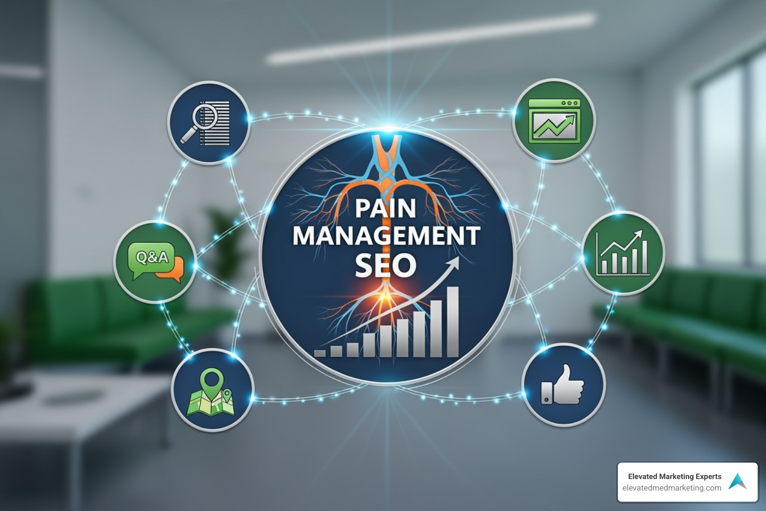 Infographic explaining the 4 pillars of Pain Management SEO: Technical, On-Page, Off-Page, and Local. - Pain Management seo