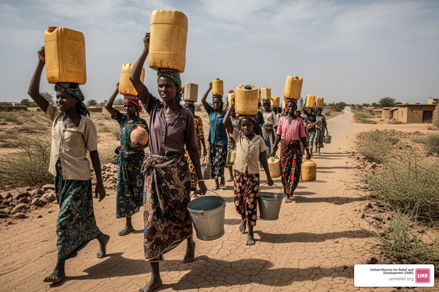 Women and girls carrying heavy water containers over a long, dusty distance - build a water well islam