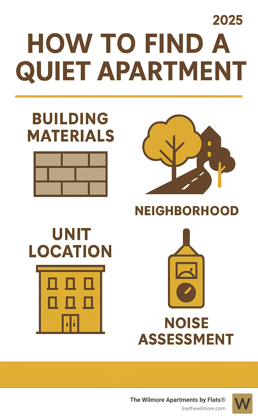 Comprehensive guide showing factors that contribute to quiet apartment living including building materials, neighborhood selection, unit location within building, and noise assessment strategies with visual icons representing concrete walls, tree-lined streets, top floor units, and sound measurement tools - quiet apartments chicago infographic 