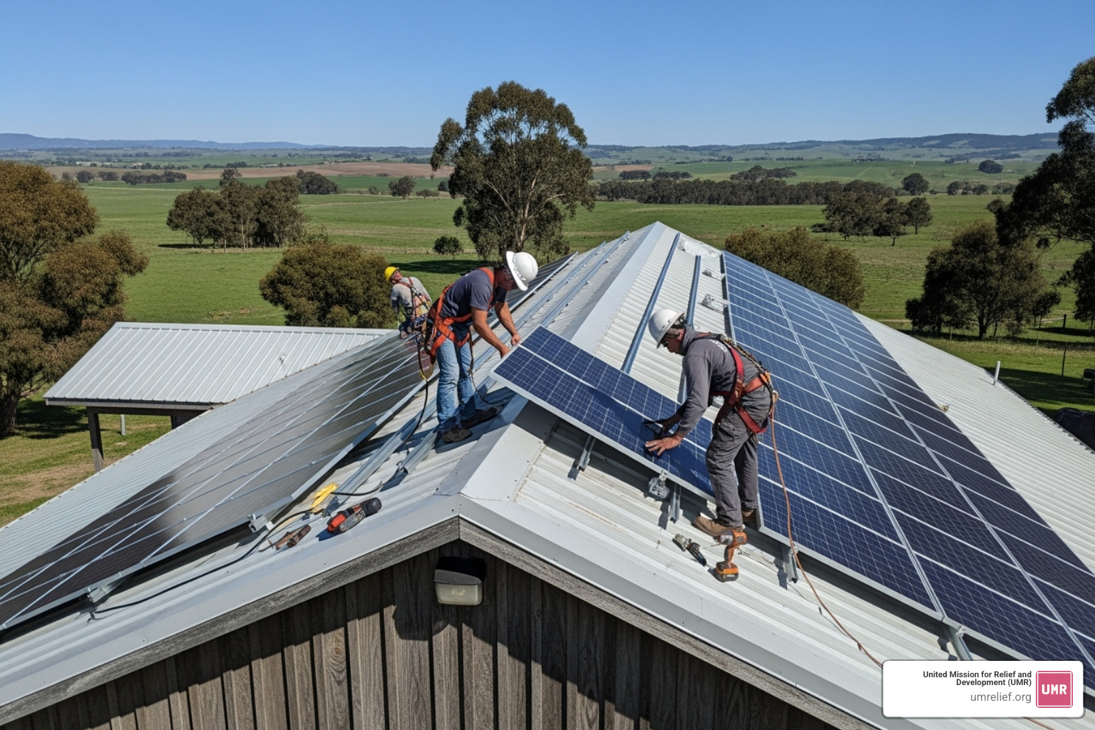 Solar panels being installed on the roof of a rural community building, with a clear sky in the background, symbolizing sustainable energy solutions - rural infrastructure development