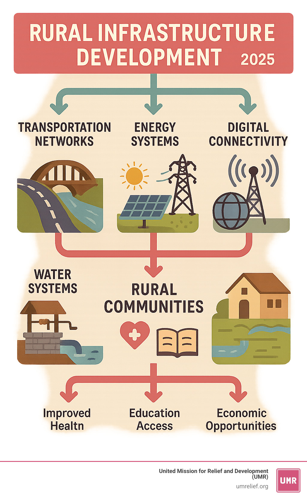 Comprehensive infographic showing rural infrastructure components including transportation networks (roads, bridges), energy systems (solar panels, power lines), digital connectivity (cell towers, internet), water systems (wells, irrigation), and social infrastructure (schools, clinics) with arrows showing their interconnected benefits to rural communities including improved health, education access, economic opportunities, and quality of life - rural infrastructure development infographic 
