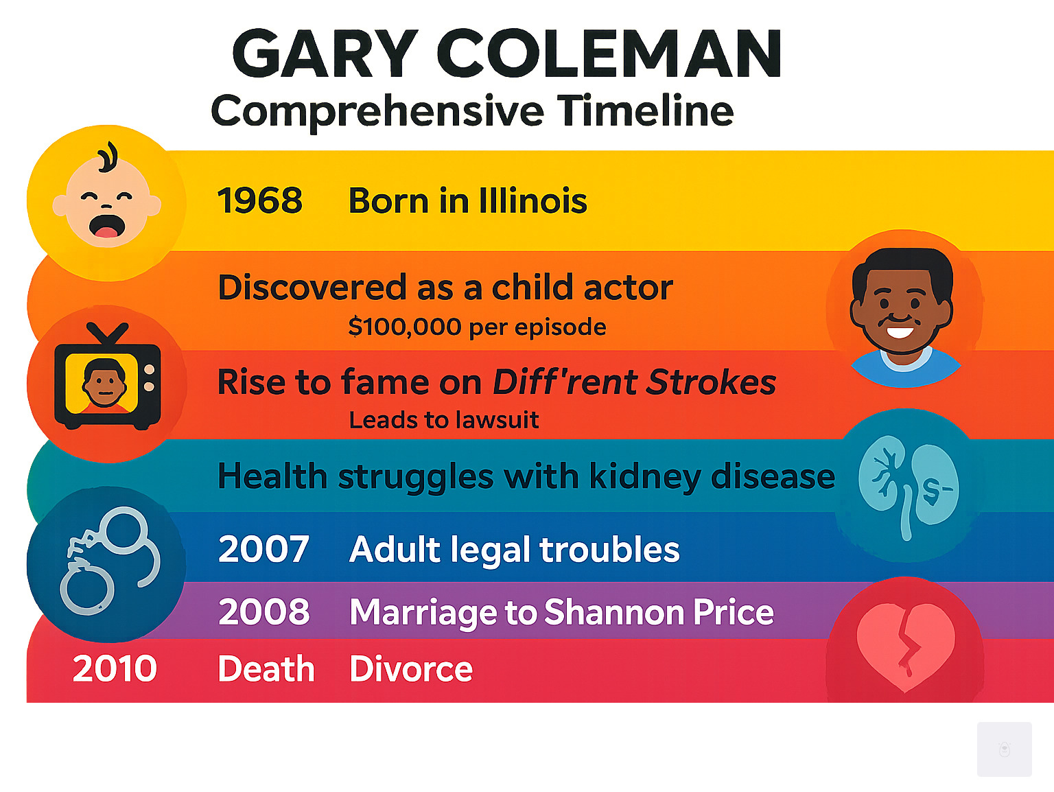 Comprehensive timeline showing Gary Coleman's life from his 1968 birth in Illinois through his findy as a child actor, rise to fame on Diff'rent Strokes earning $100,000 per episode, financial exploitation by parents leading to lawsuit, health struggles with kidney disease, adult legal troubles, 2007 marriage to Shannon Price, 2008 divorce, and tragic death in 2010 at age 42 from brain hemorrhage - Gary Coleman infographic 