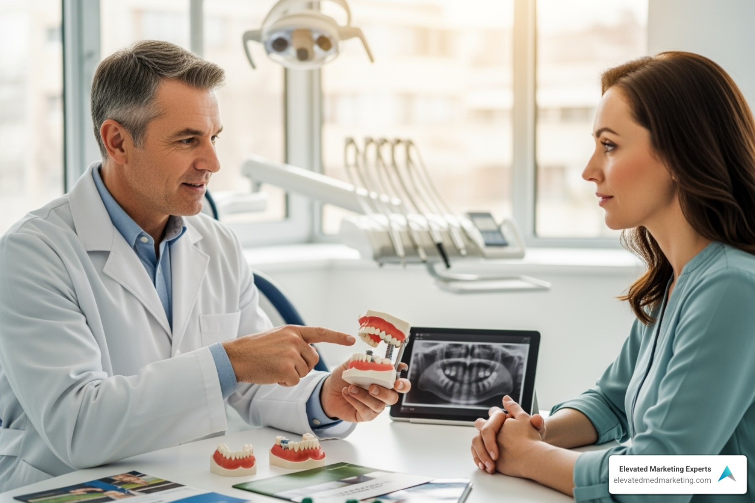 dentist consulting with a patient about a high-value treatment like dental implants - dental marketing florida dentist consulting with a patient about a high-value treatment like dental implants - dental marketing florida
