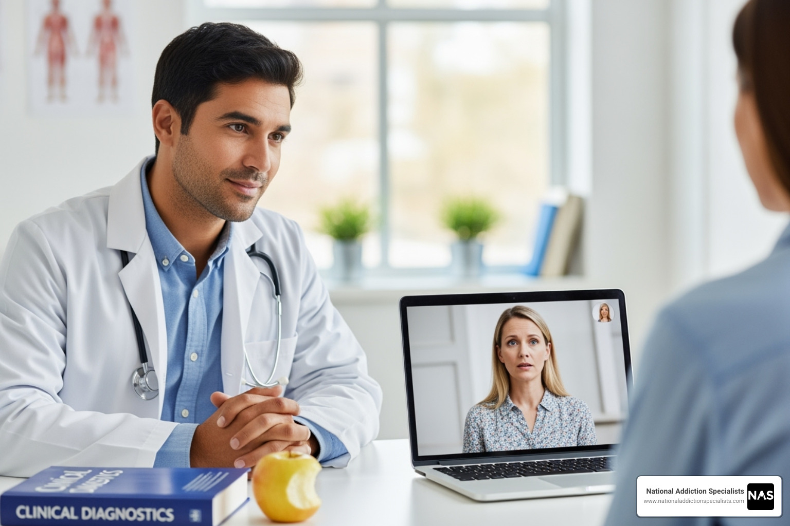 supportive doctor talking with a patient via telemedicine on a laptop - withdrawal symptoms