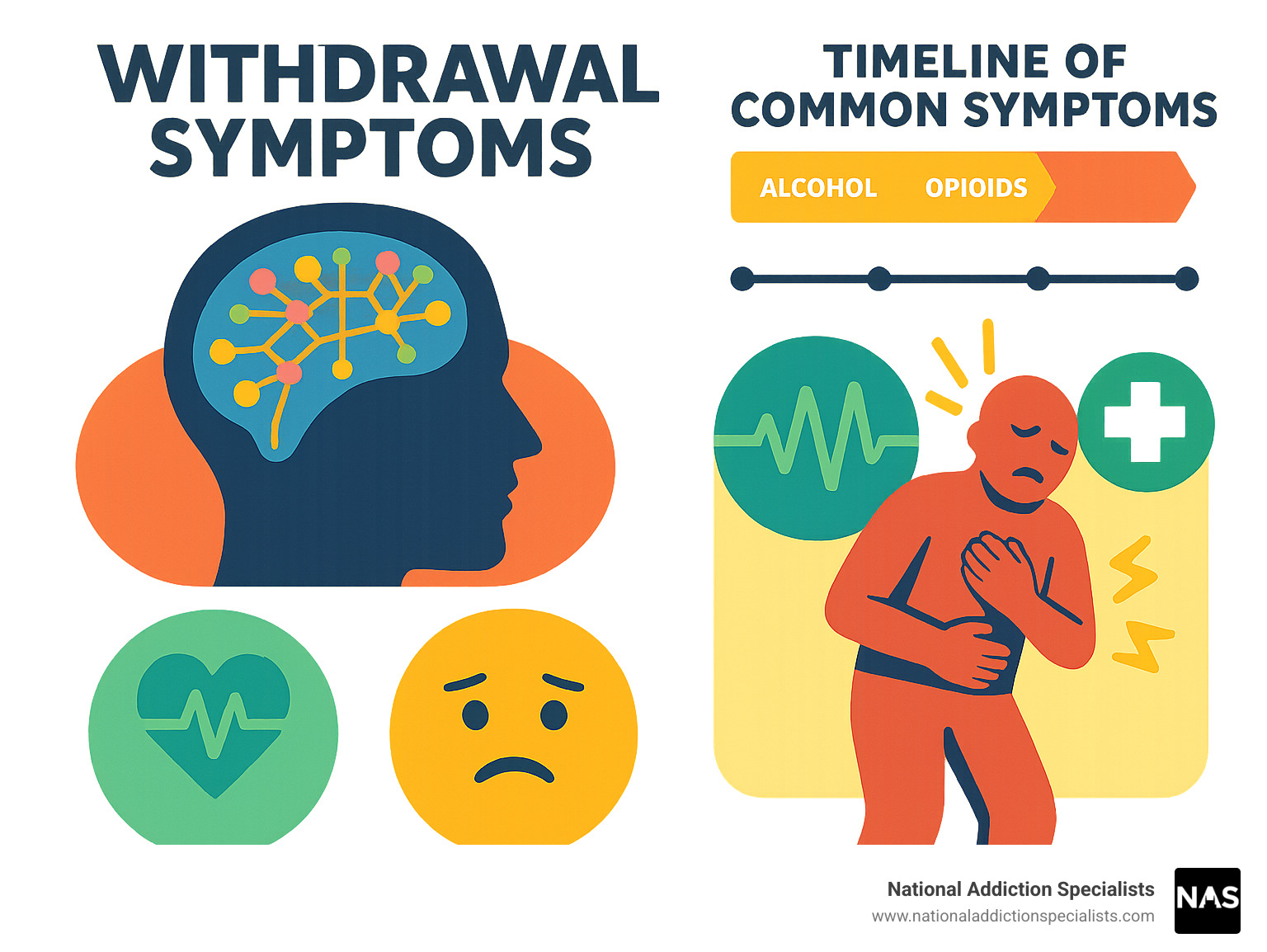 Comprehensive infographic showing the withdrawal process: brain chemistry changes during substance use, timeline of common withdrawal symptoms by substance type (alcohol, opioids, benzodiazepines), physical vs psychological symptoms, and when to seek emergency medical care - withdrawal symptoms infographic 