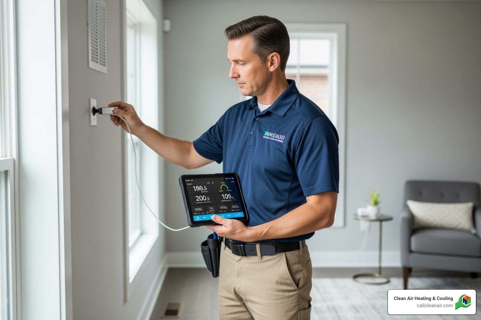 certified technician using professional air quality monitoring equipment - professional air quality testing