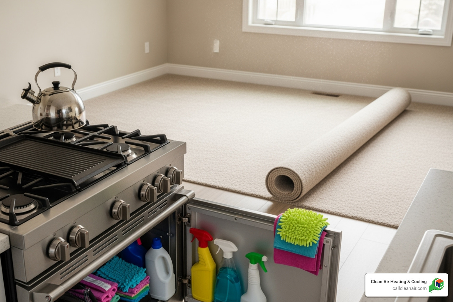 common household sources of air pollution like a new carpet, a gas stove, and cleaning supplies - professional air quality testing