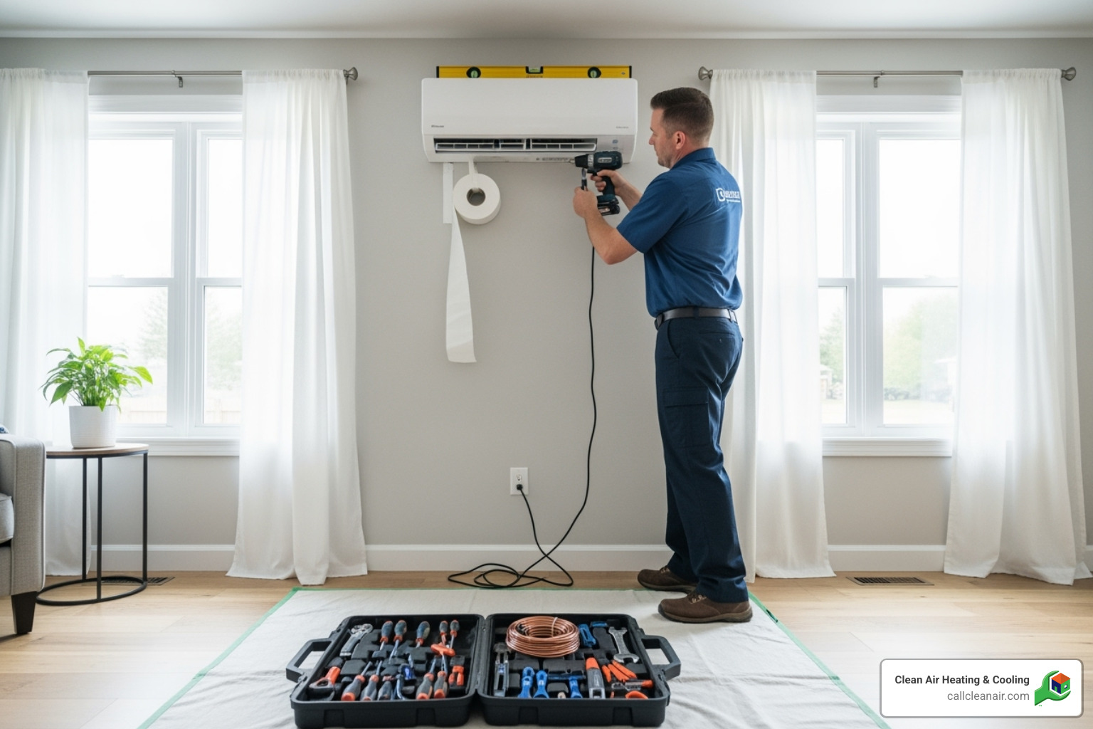 technician carefully installing the indoor unit of a mini split on a wall - mini split ac installation cost