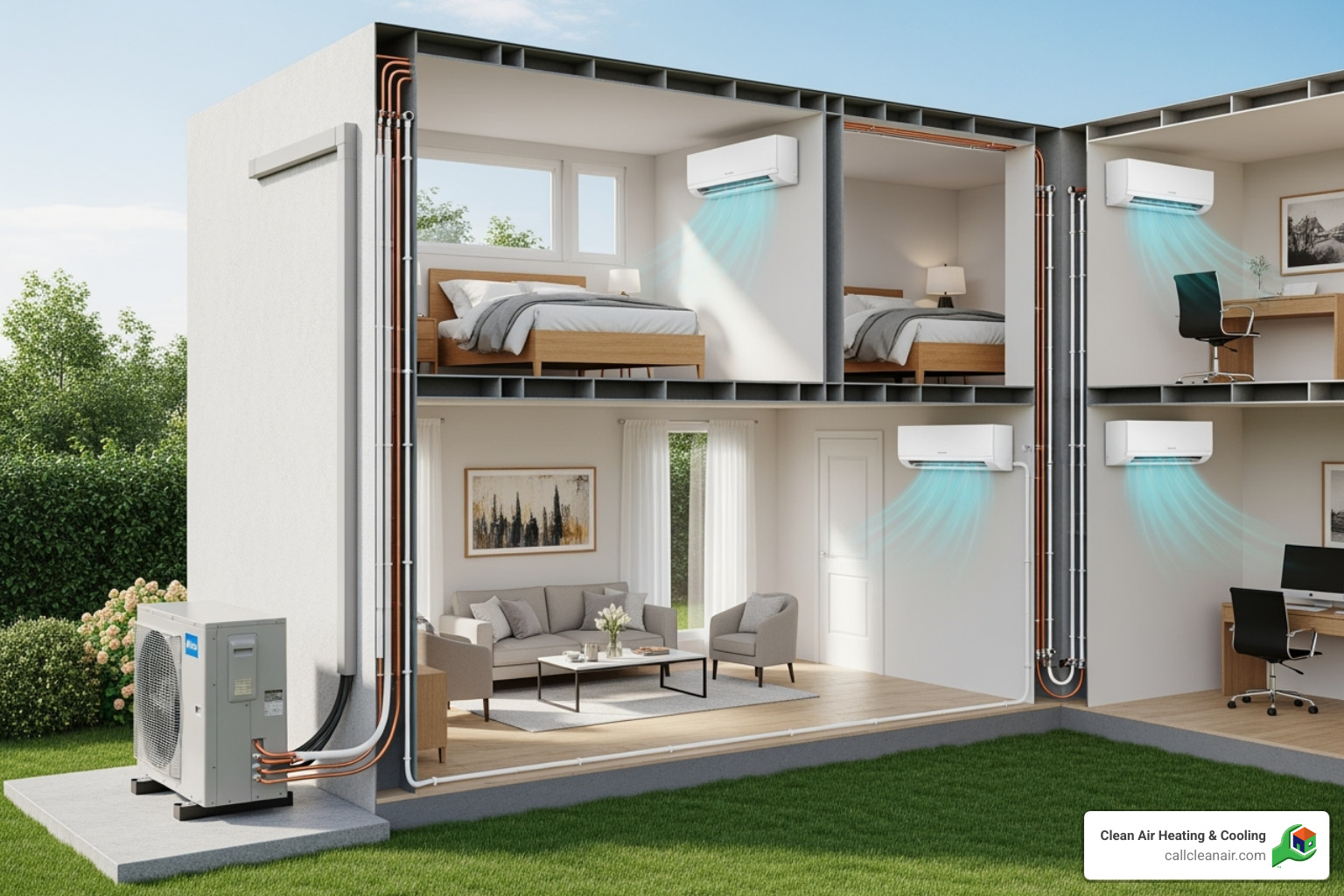 multi-zone setup showing one outdoor unit connected to multiple indoor heads in different rooms - mini split ac installation cost