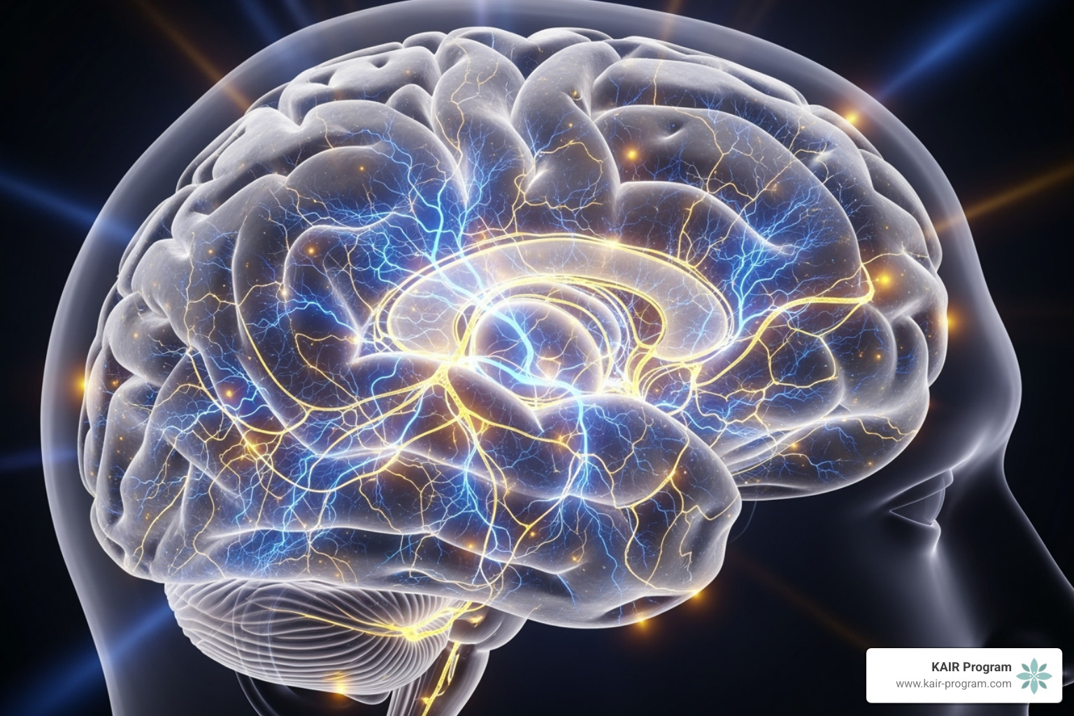 of brain pathways lighting up, symbolizing neurostimulation and new connections - therapy for severe depression