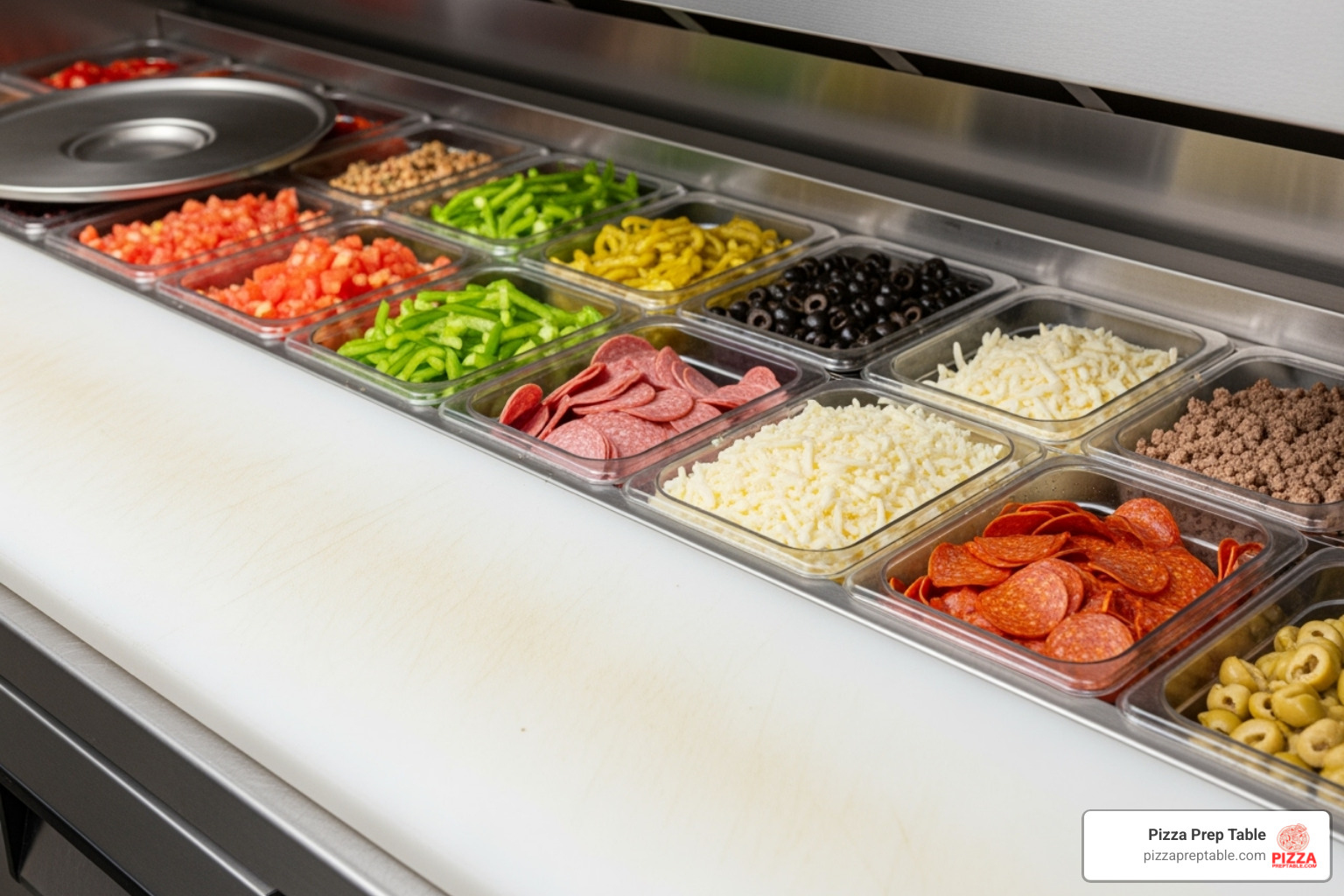 close-up of commercial pizza prep fridge features - commercial pizza prep fridge