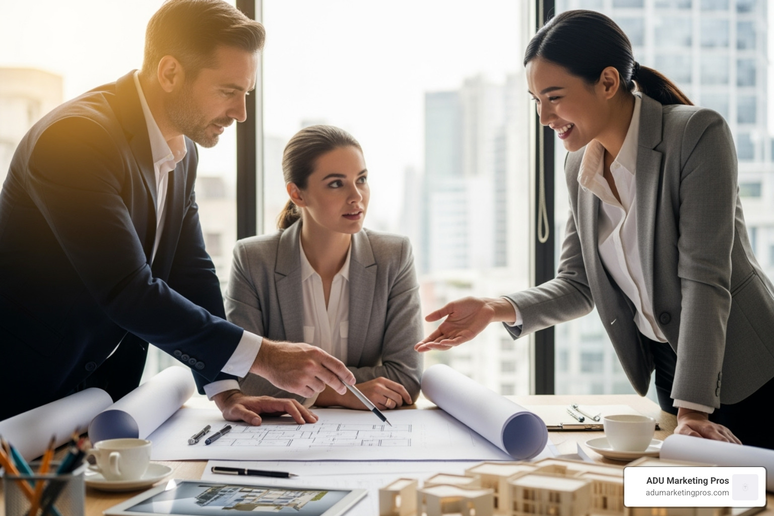 architects collaborating with a happy client over blueprints - how to grow architecture business