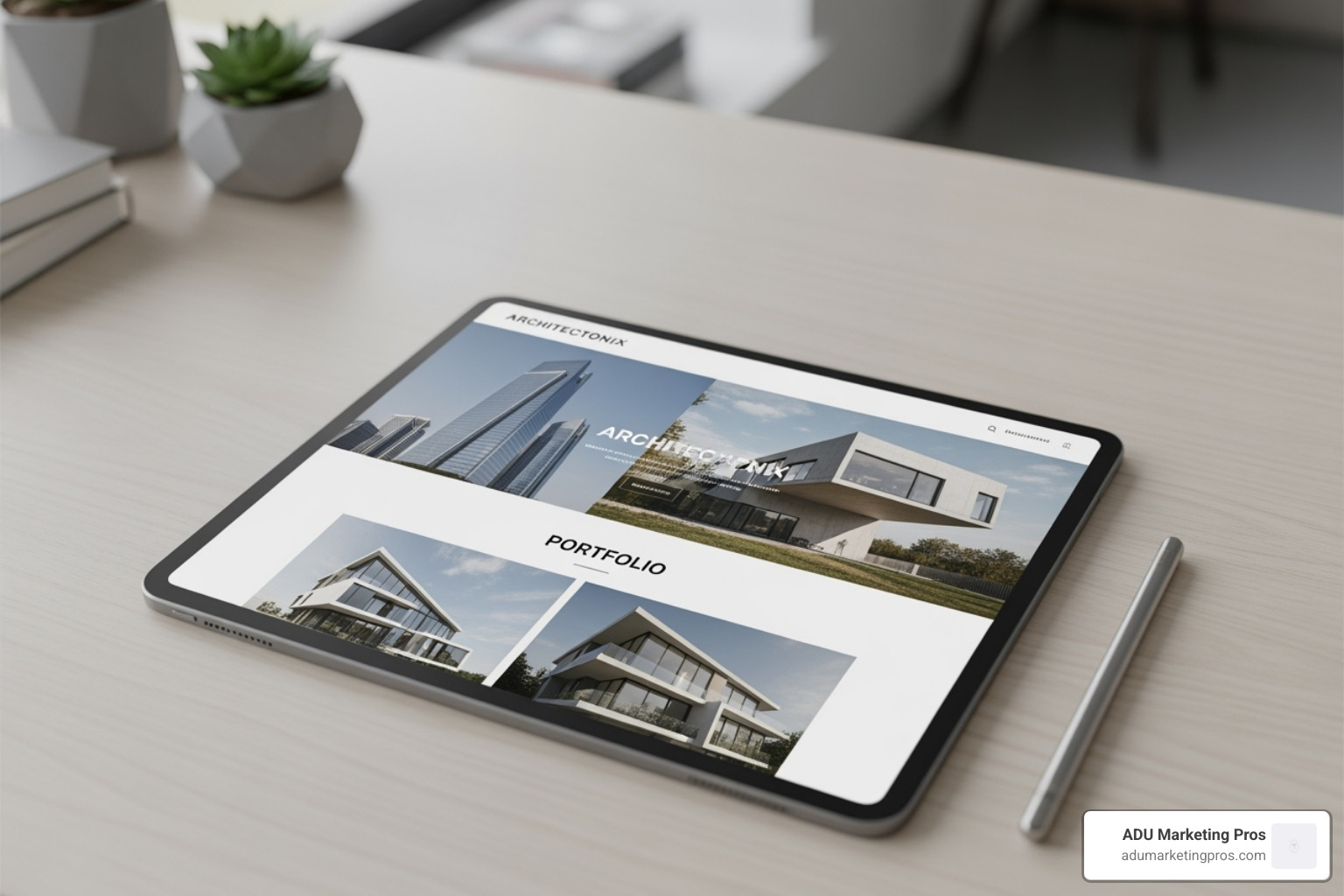 modern architecture firm's website on a tablet, showcasing a portfolio - how to grow architecture business