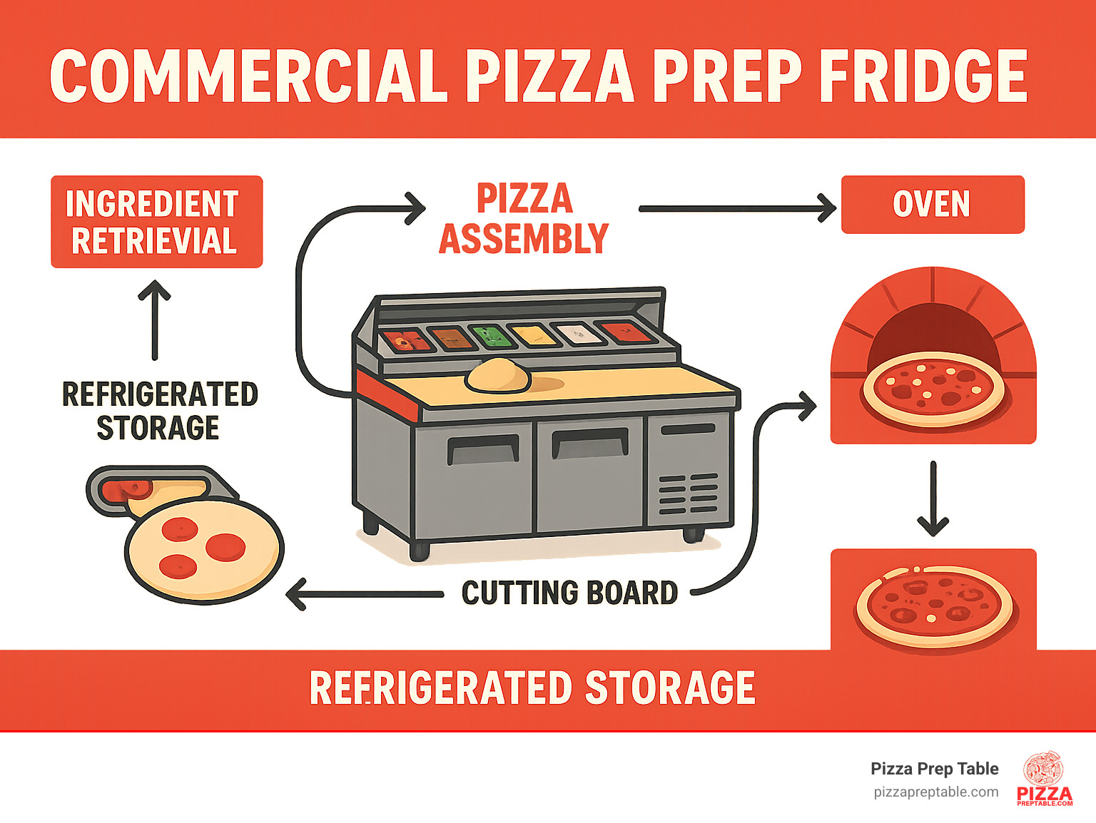 Infographic showing the pizza-making workflow with a commercial pizza prep fridge at the center, illustrating ingredient storage in refrigerated compartments below, toppings organized in pan rails on top, workspace for dough preparation on the cutting board surface, and arrows showing the streamlined flow from ingredient retrieval to pizza assembly to oven - commercial pizza prep fridge infographic 