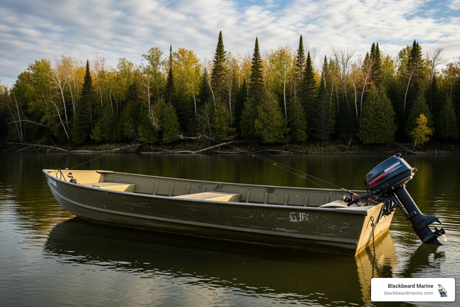 Rugged SeaArk jon boat on a river from Blackbeard Marine's inventory - Fishing Boat Missouri