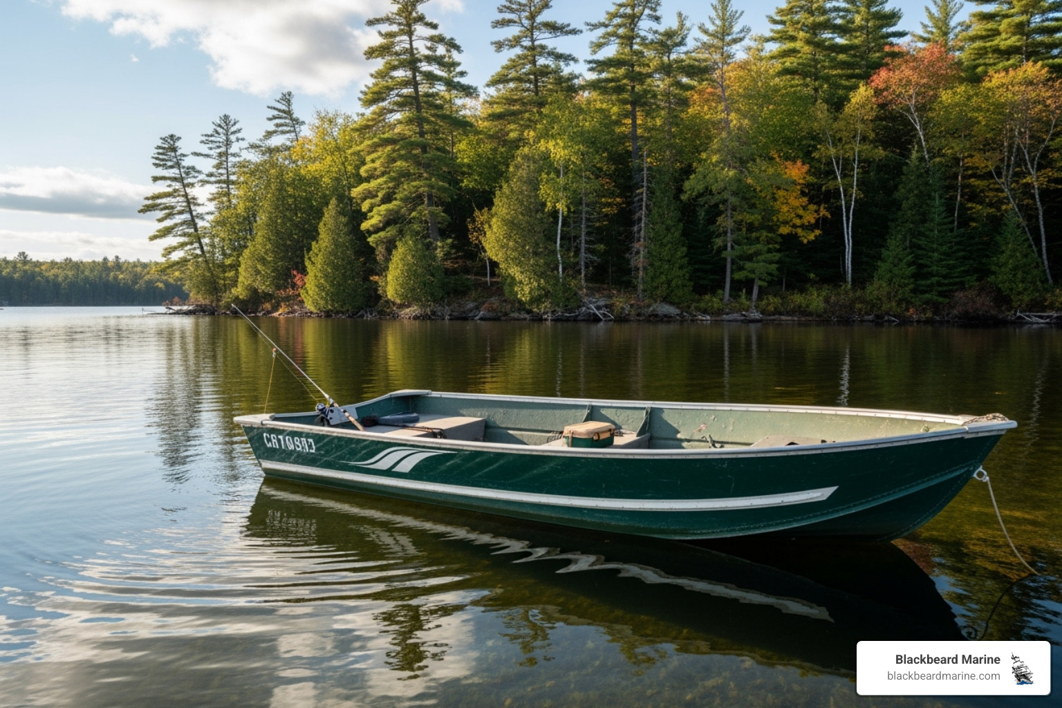 G3 Sportsman aluminum boat near a wooded shoreline from Blackbeard Marine's inventory - Fishing Boat Missouri