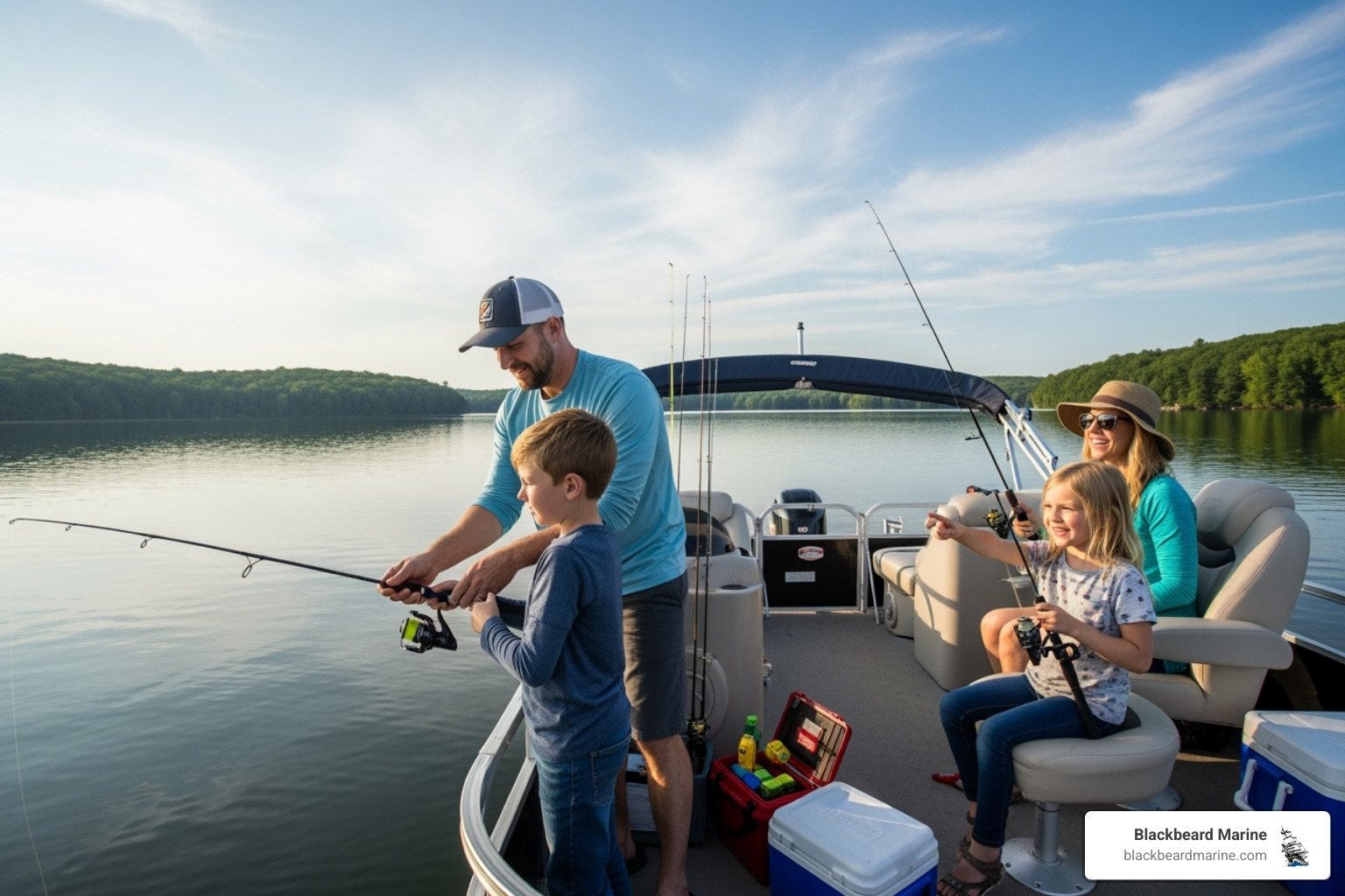 Family enjoying a day of fishing on a pontoon boat - Fishing Boat Missouri