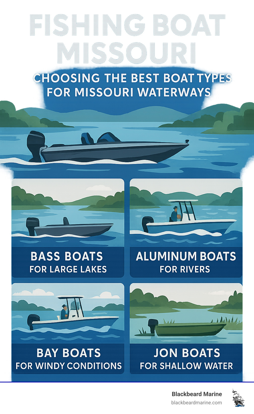 Comprehensive guide to selecting the best fishing boat types for Missouri's diverse waterways, including bass boats for large lakes, aluminum boats for rivers, bay boats for windy conditions, and jon boats for shallow water access - Fishing Boat Missouri infographic 