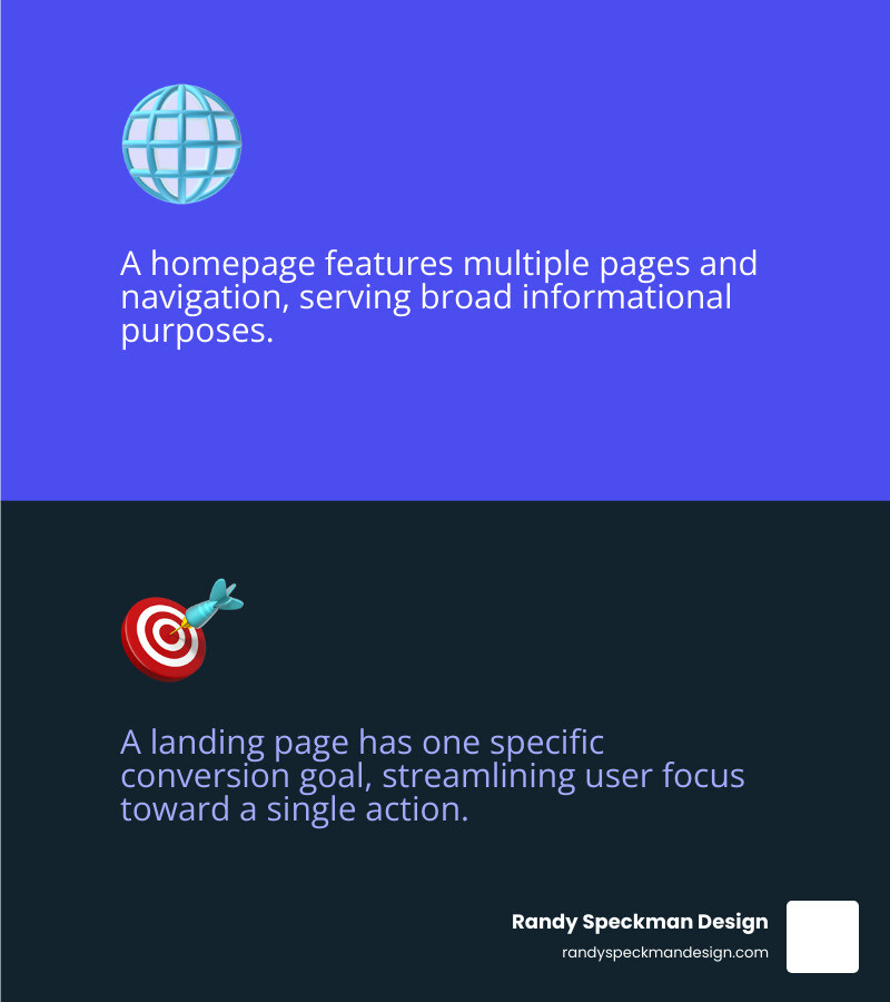 Infographic showing the difference between a homepage with multiple navigation options and distractions versus a landing page with a single clear conversion goal, highlighted call-to-action button, and streamlined content focused on one specific offer - high quality landing pages infographic 2_facts_emoji_blue Infographic showing the difference between a homepage with multiple navigation options and distractions versus a landing page with a single clear conversion goal, highlighted call-to-action button, and streamlined content focused on one specific offer - high quality landing pages infographic 2_facts_emoji_blue