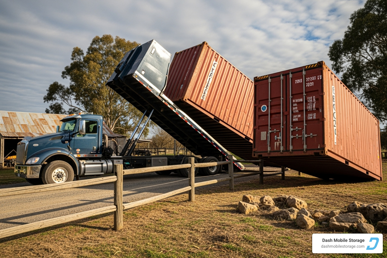 Tilt-bed truck delivering a shipping container - shipping container hire rates
