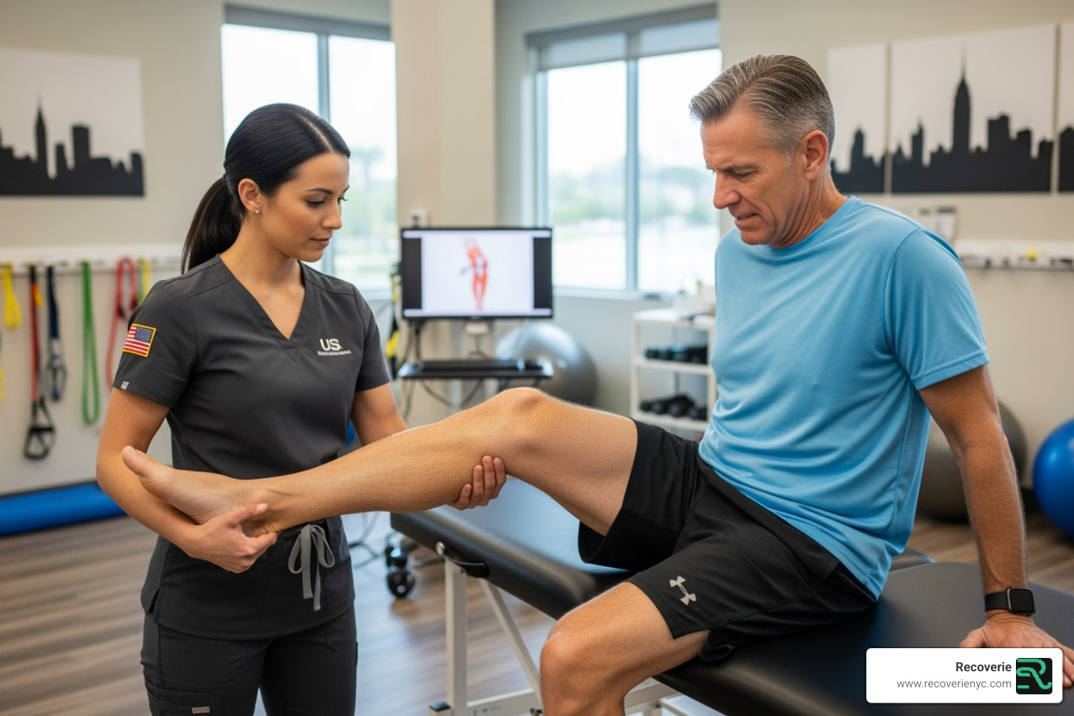 physical therapist working with a patient on a knee exercise - Joint pain therapy