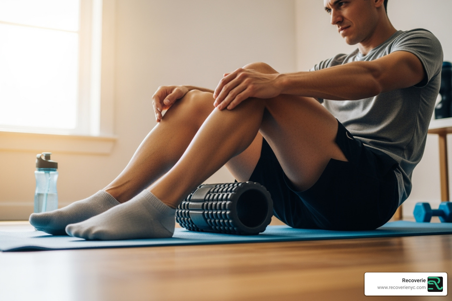 a person using a foam roller on their quadriceps - Muscle soreness relief
