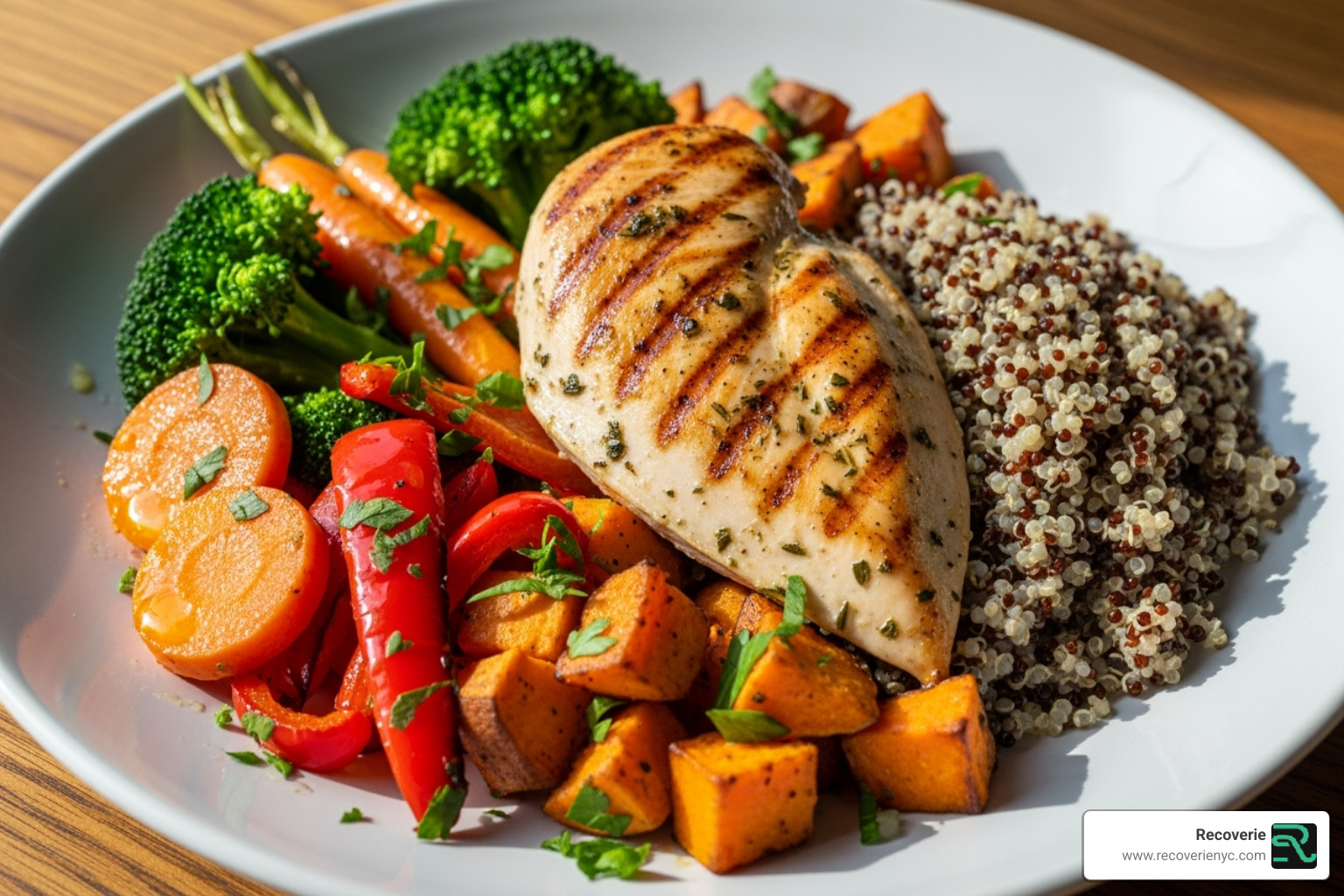 a colorful, balanced meal including grilled chicken, quinoa, and roasted vegetables - Muscle soreness relief