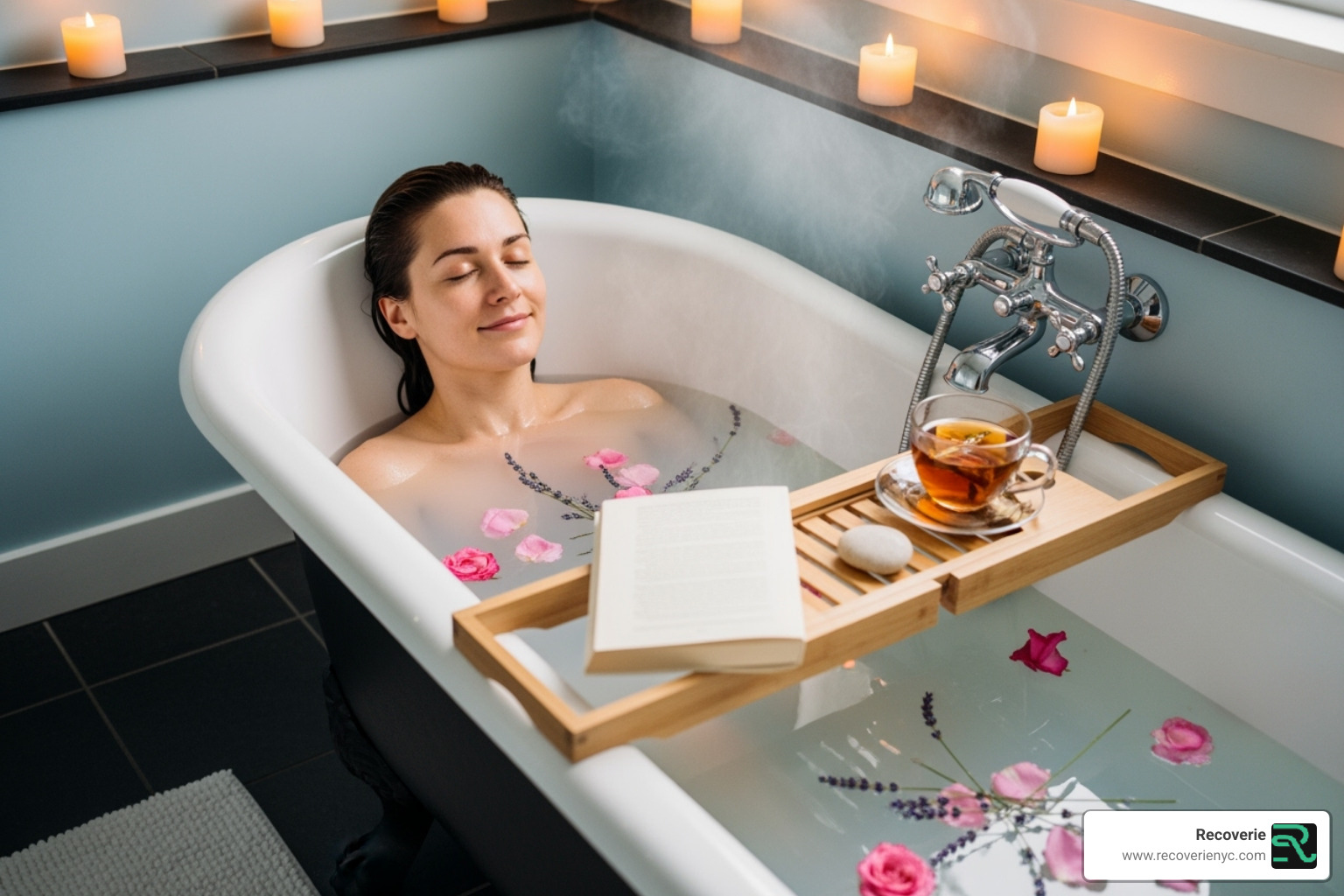 a person taking a relaxing Epsom salt bath - Muscle soreness relief