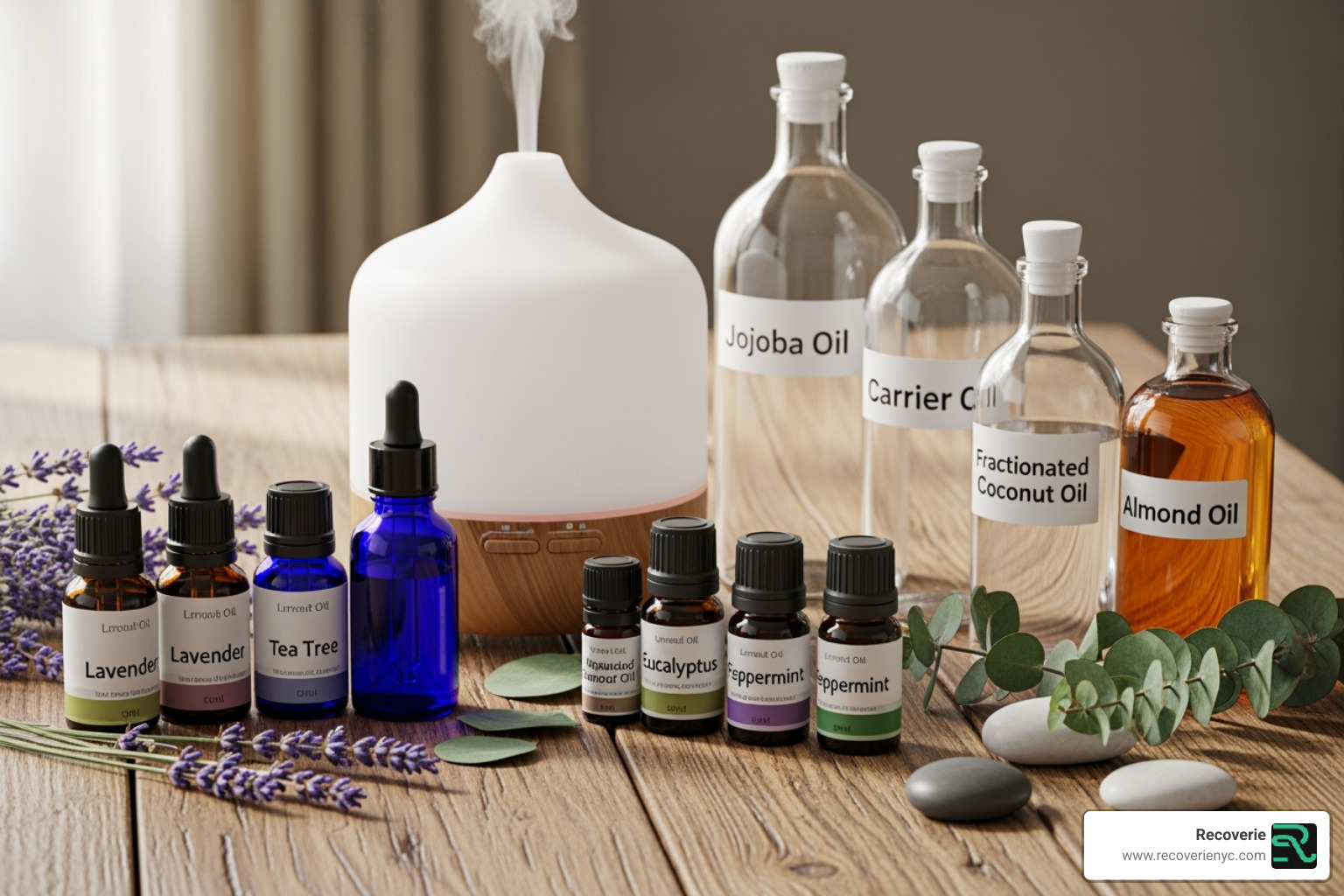 essential oil bottles with a diffuser and carrier oils - Natural pain relief