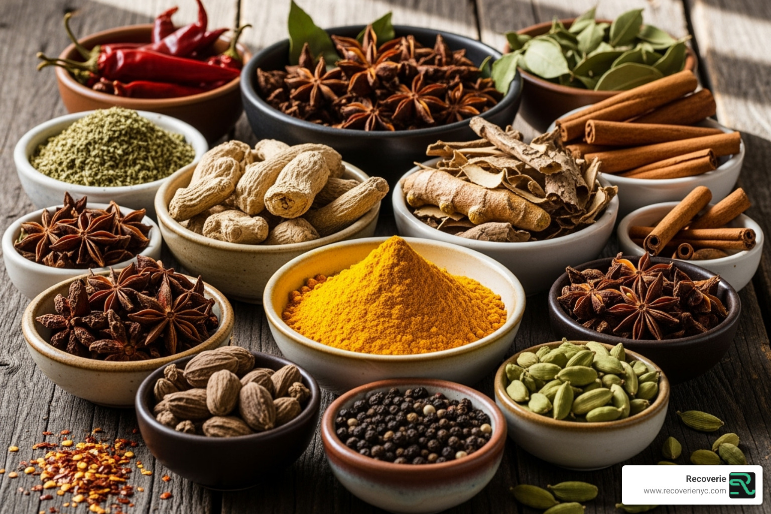 assorted herbs and spices like turmeric, ginger, and willow bark in bowls - Natural pain relief