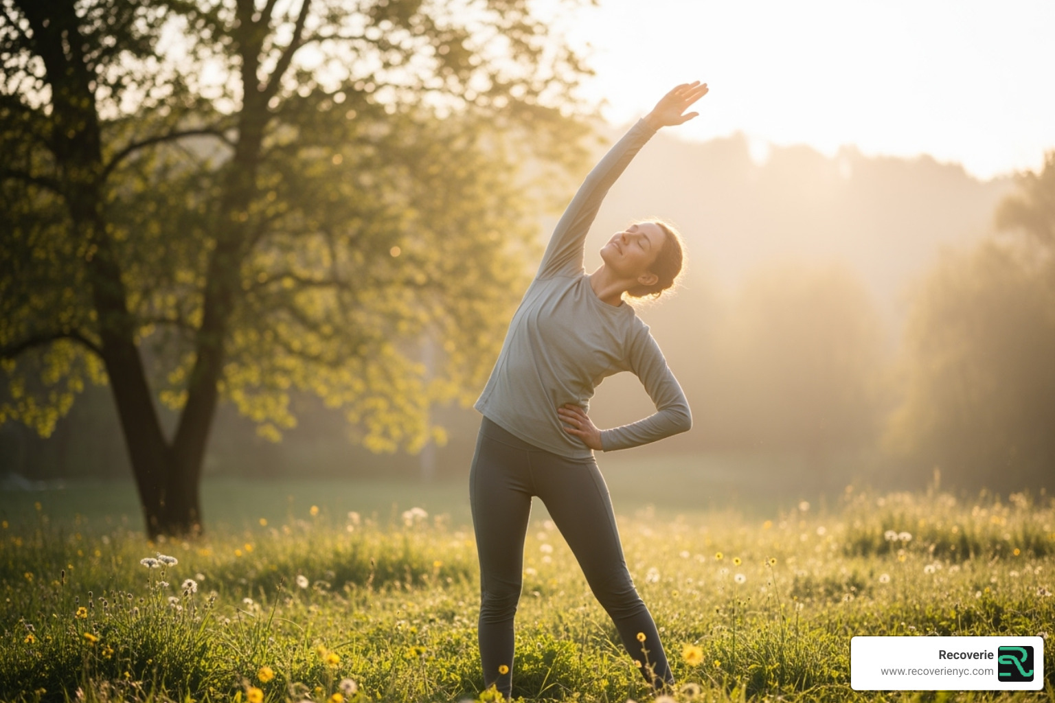 person stretching comfortably in a sunlit, natural environment - Natural pain relief