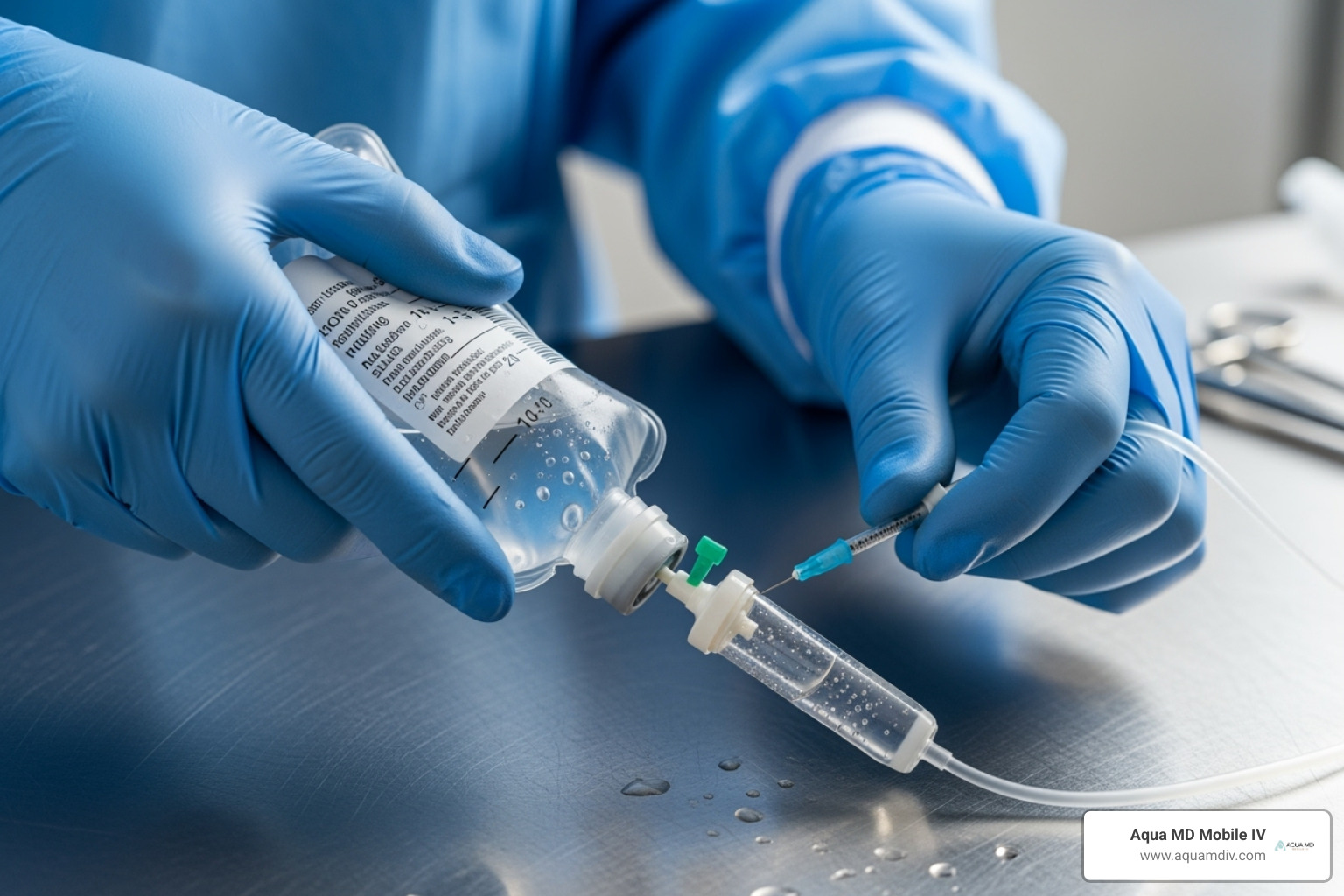 A medical professional in blue scrubs and gloves carefully prepares an IV bag on a clean, sterile surface - NAD IV therapy