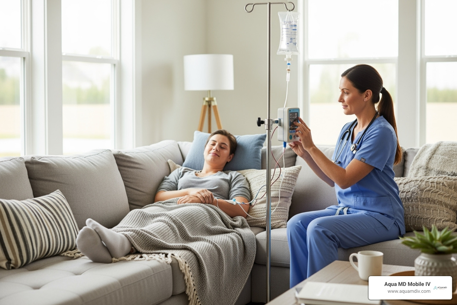 A person comfortably reclines on a couch with an IV drip, while a medical professional monitors the setup in a home setting - NAD IV therapy
