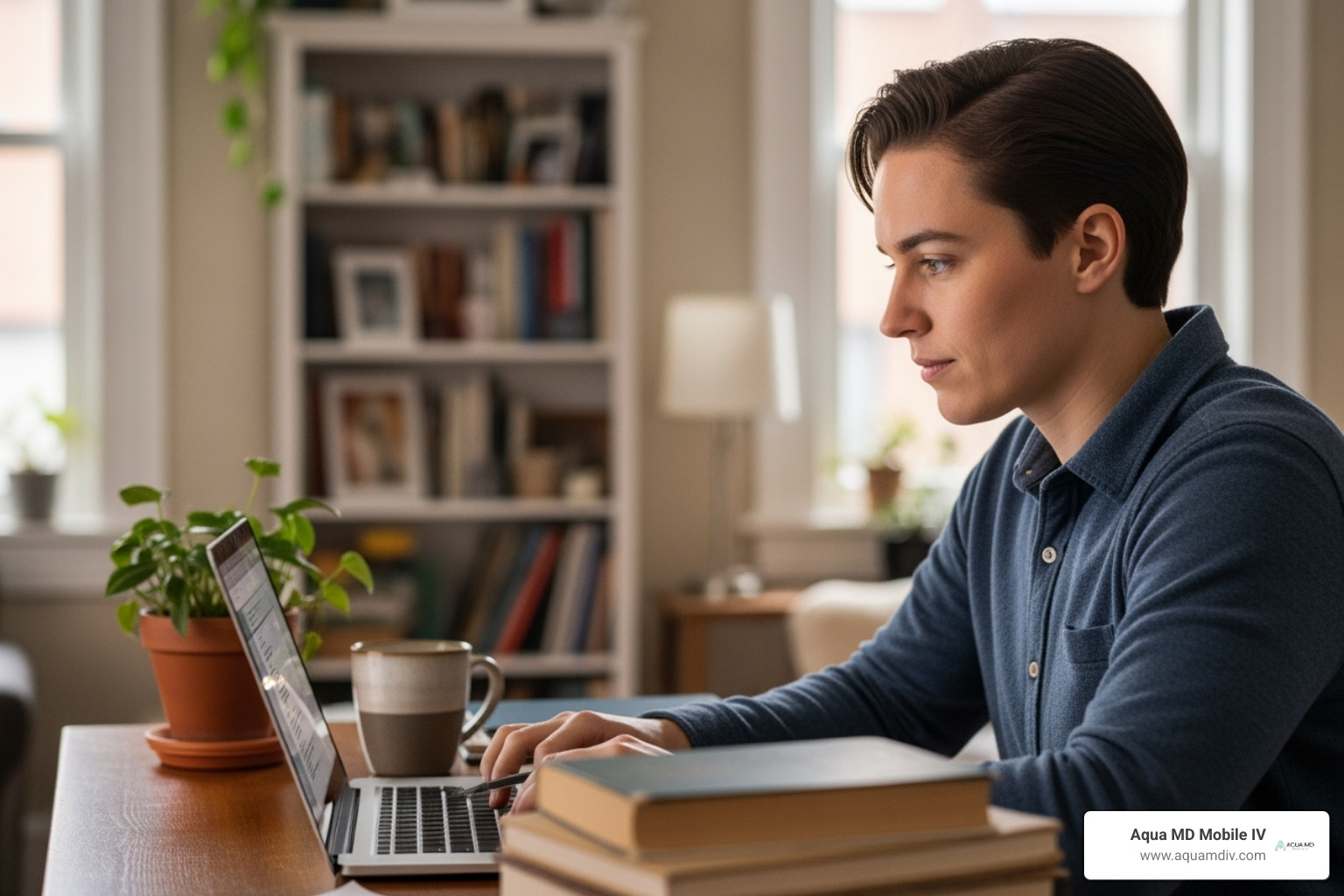 A person looking focused and clear-headed while working from a home office - nad injections at home