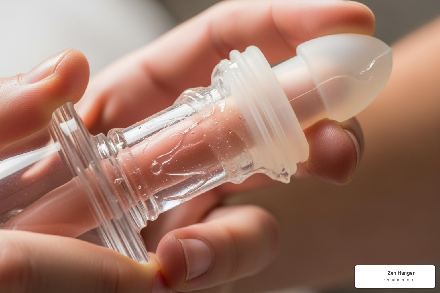 Image showing proper application of a penis pump with lubrication at the base of the penis and around the cylinder opening - are penis pump results permanent