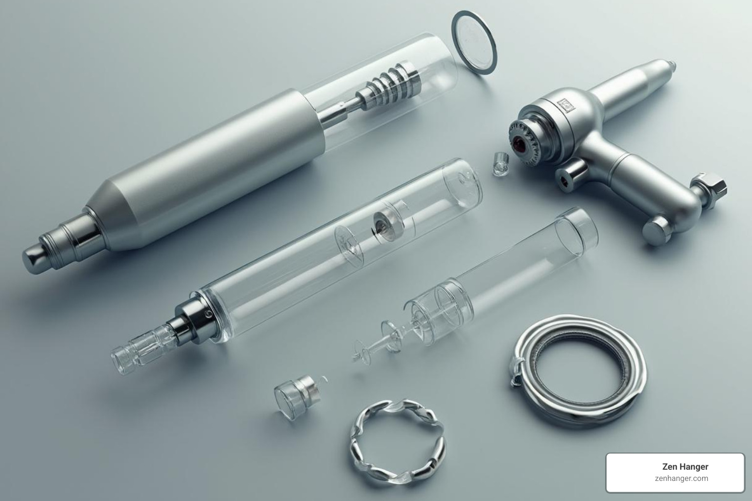 Image showing a penis pump disassembled into its main components: cylinder, pump mechanism, and constriction ring - are penis pump results permanent