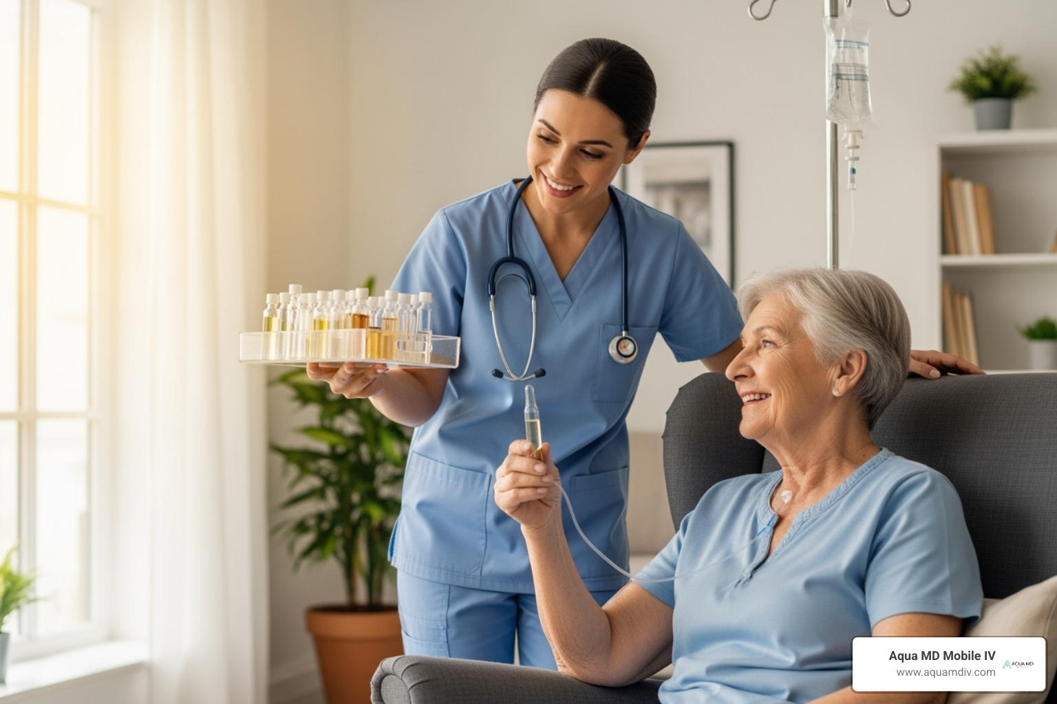 Nurse showing a client different vitamin vials for customization - at home iv service