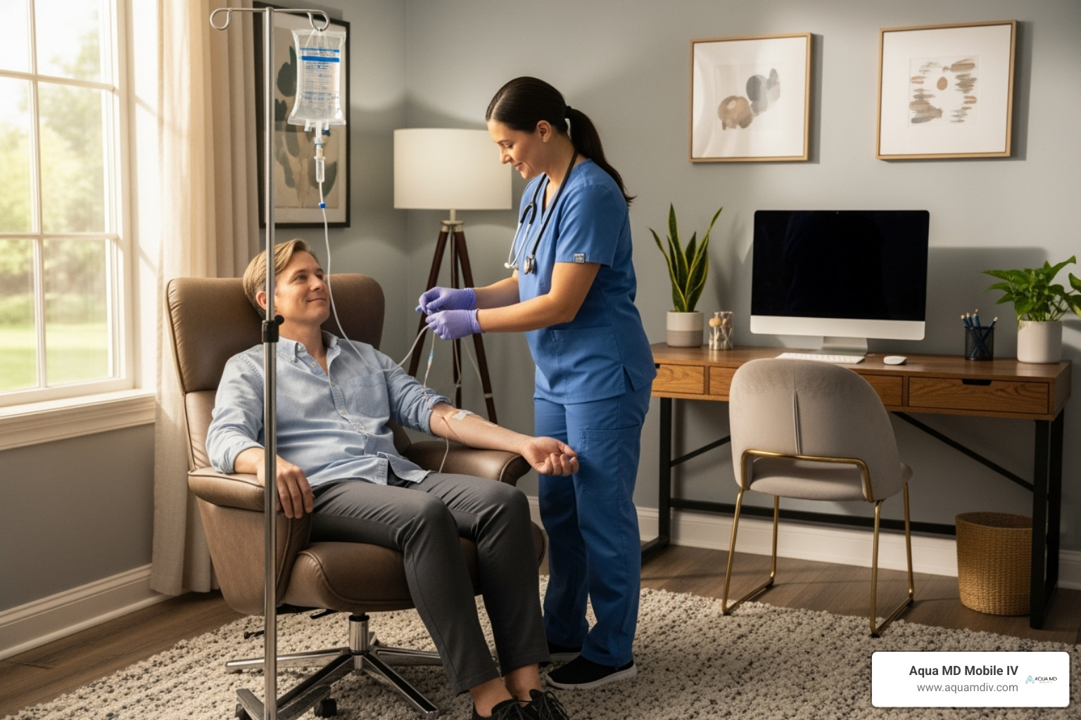 Professional setting up an IV for a client in a comfortable home office - at home iv service