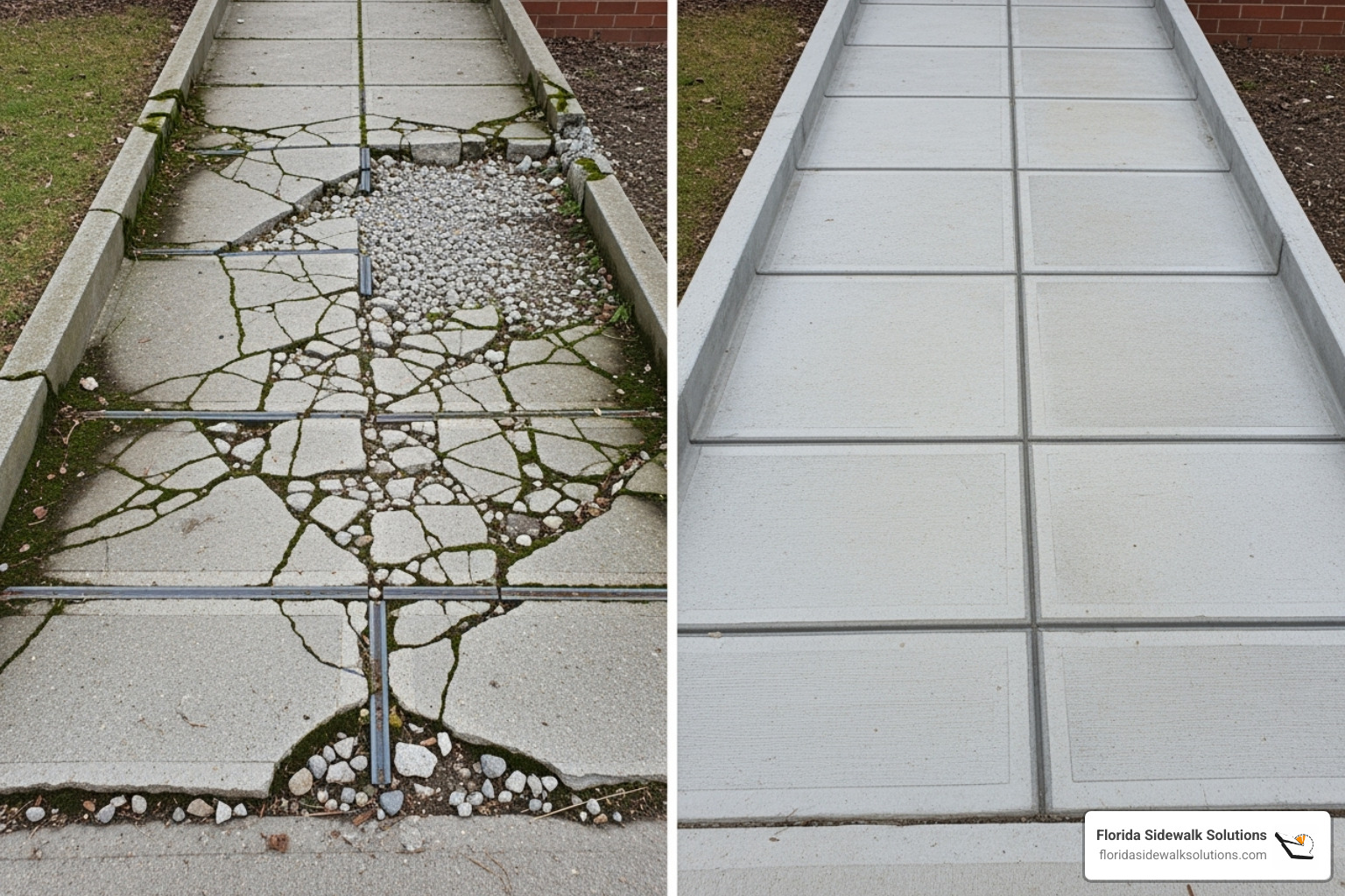 Side-by-side comparison of a ramp with untreated trip hazards vs. a ramp repaired with precision cutting - Concrete Wheelchair Ramp Repair