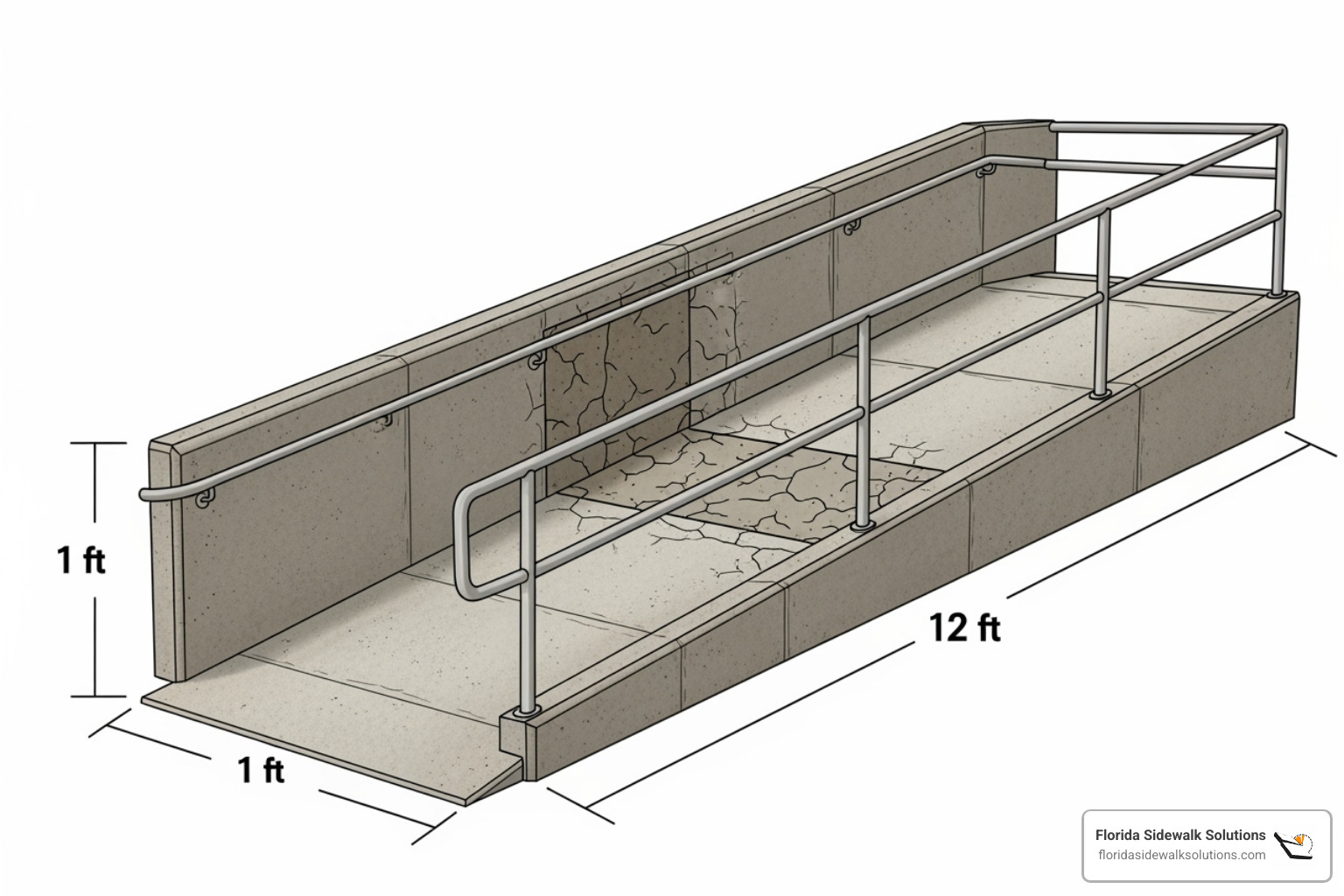 Illustration of correct 1:12 slope on a repaired ramp section - Concrete Wheelchair Ramp Repair