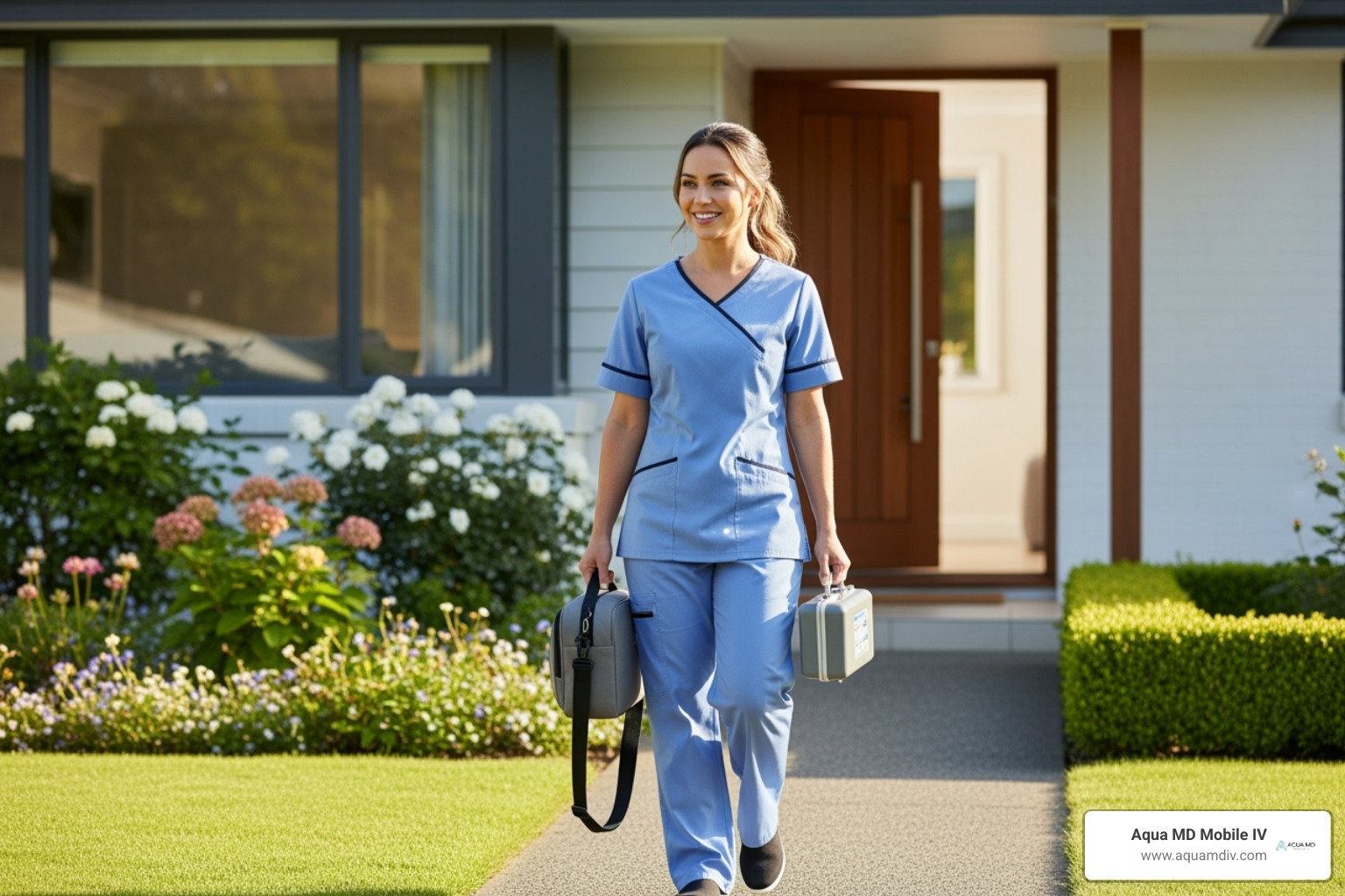 friendly nurse arriving at a client's home with their equipment - nad drip at home