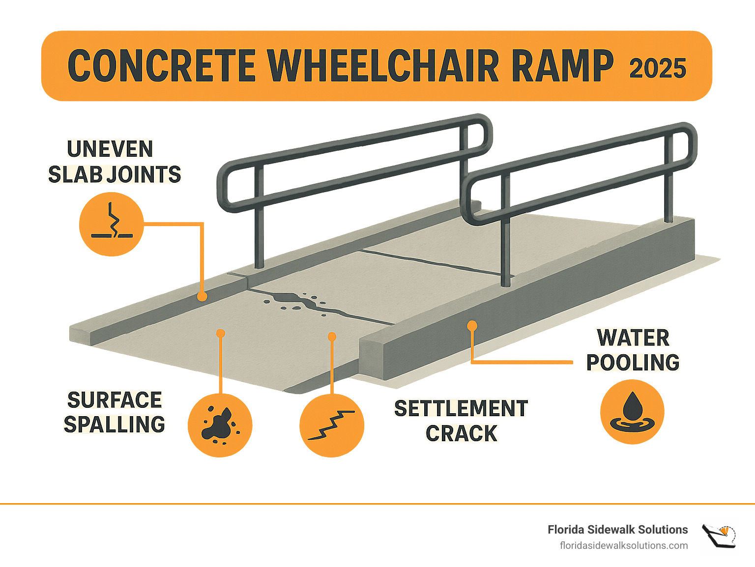 Infographic showing common concrete ramp trip hazards including uneven slab joints creating vertical lips, surface spalling and concrete deterioration, settlement cracks running across the ramp surface, and water pooling areas that create accessibility barriers - Concrete Wheelchair Ramp Repair infographic 
