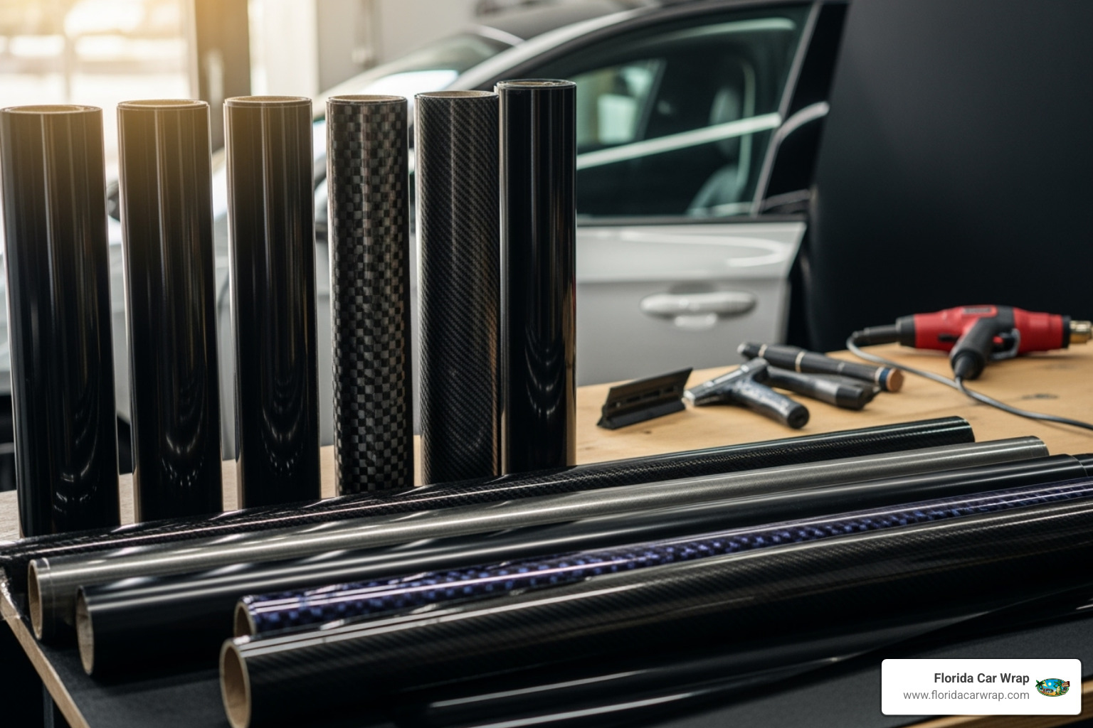Different rolls of window tint film, including ceramic and carbon fiber textures - vinyl tint near me
