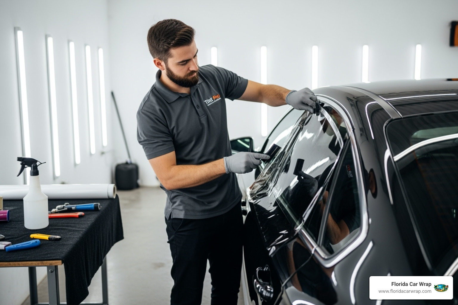 A professional installer carefully applying tint film to a car window in a clean, well-lit workshop - vinyl tint near me