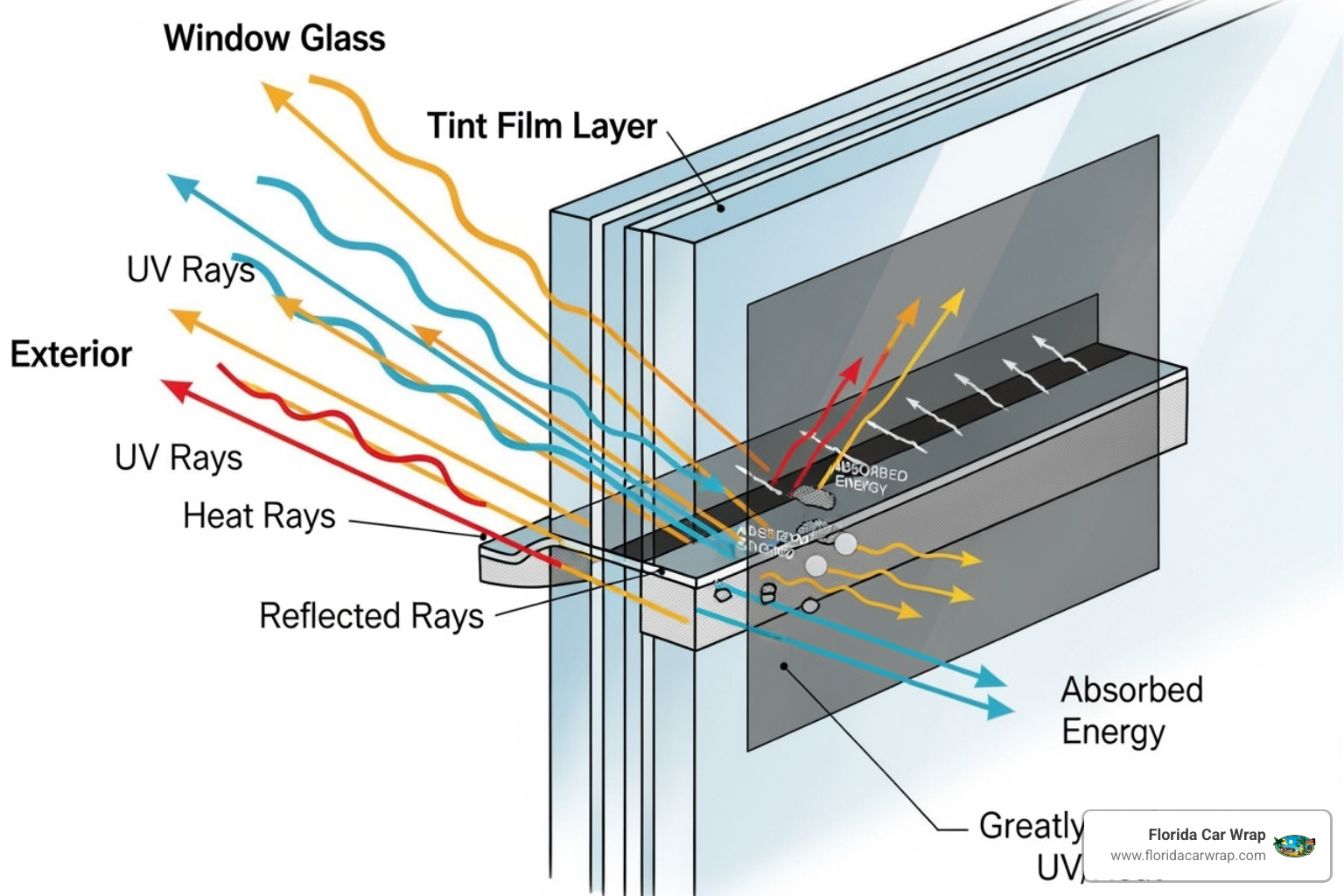 A diagram showing UV and heat rays being blocked by a layer of window tint film - vinyl tint near me