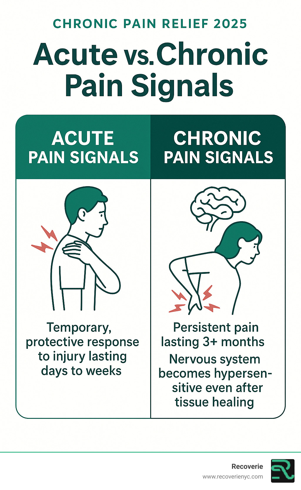 Infographic showing the difference between acute pain signals (temporary, protective response to injury lasting days to weeks) versus chronic pain signals (persistent pain lasting 3+ months, often involving central sensitization where the nervous system becomes hypersensitive and continues sending pain signals even after tissue healing) - Chronic pain relief infographic 