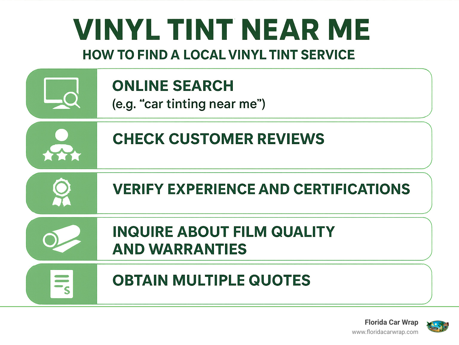 Infographic showing 5 key steps to finding a reputable local vinyl tint service: 1. Online Search (e.g., "car tinting near me"), 2. Check Customer Reviews, 3. Verify Experience and Certifications, 4. Inquire About Film Quality and Warranties, 5. Obtain Multiple Quotes. - vinyl tint near me infographic 