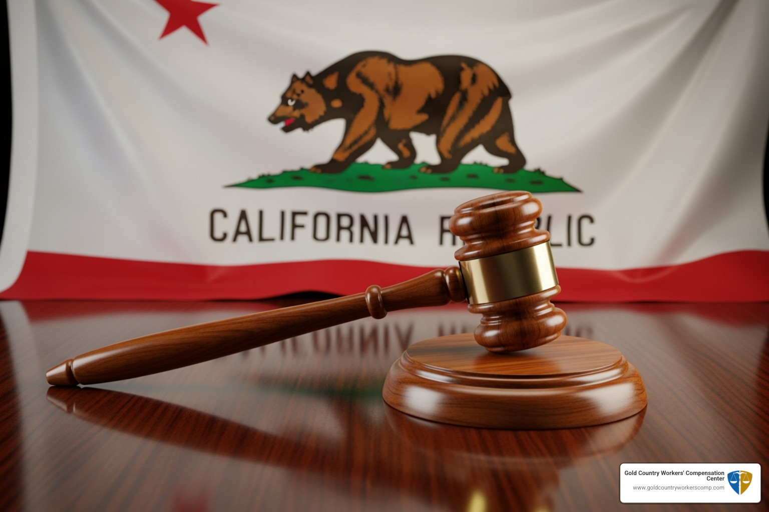 California state flag and a gavel - Workers compensation lawyer Sacramento
