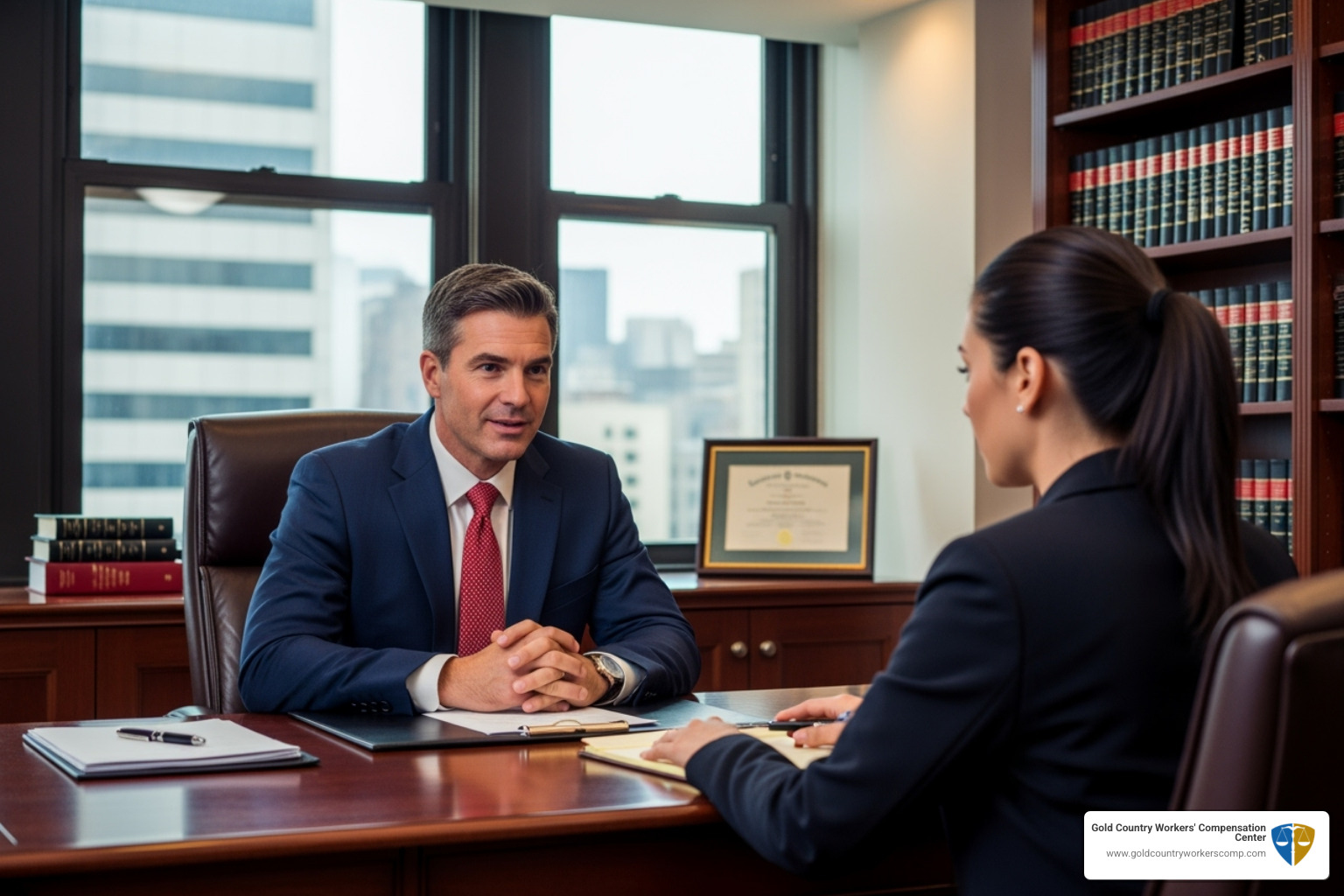 A lawyer confidently speaking with a client in an office setting - Workers compensation lawyer Sacramento